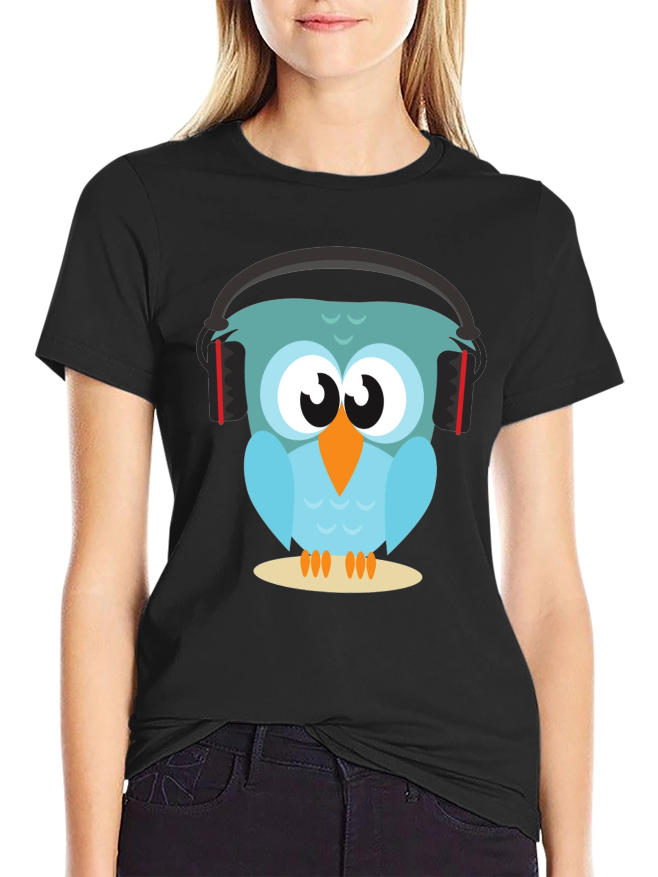 Owl With Headphones Graphic Tee - Black