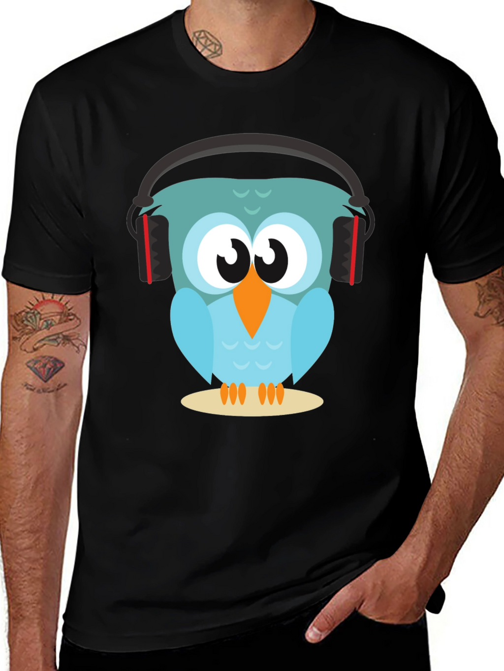 Owl With Headphones Graphic Tee - Black