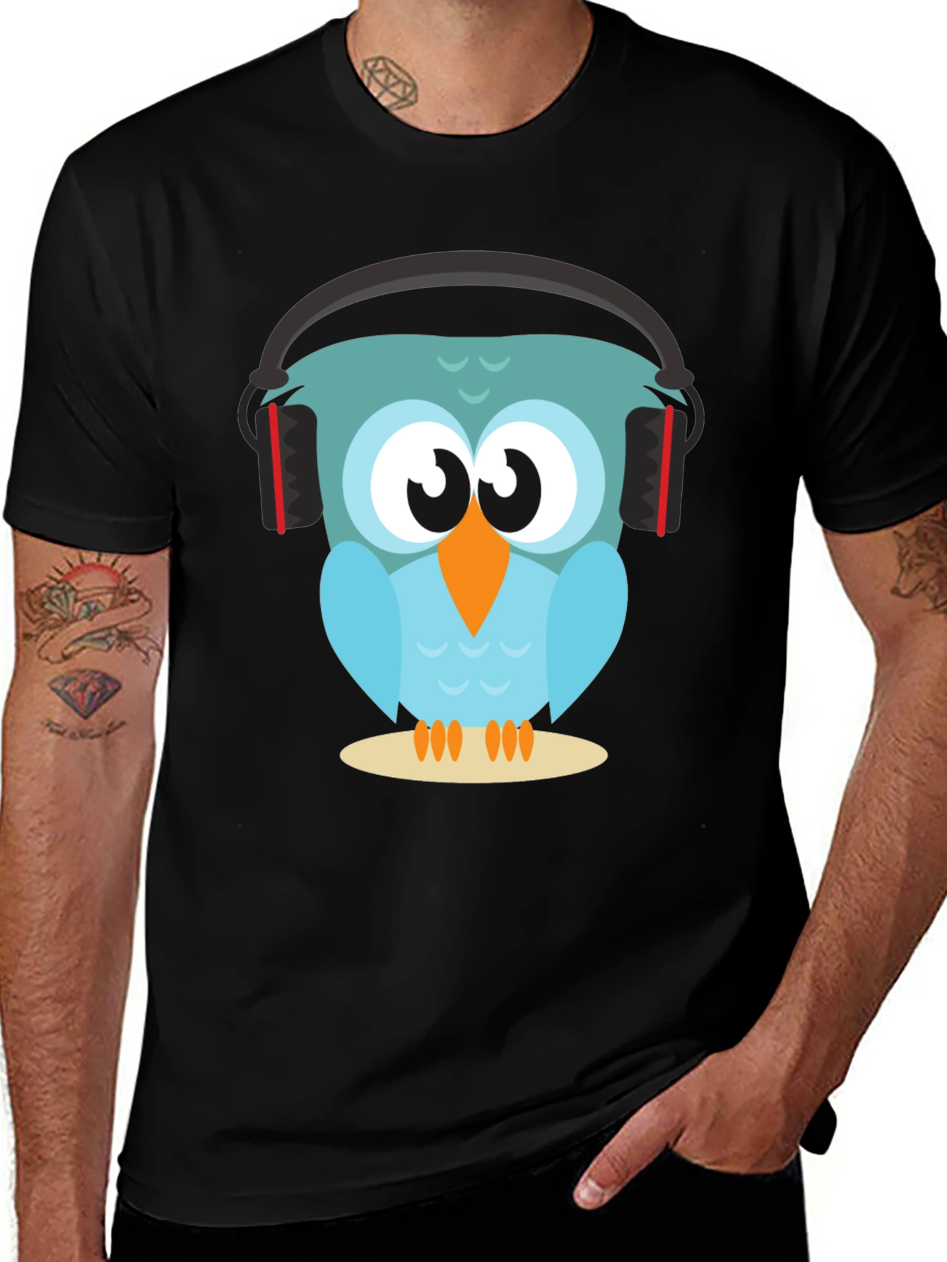 Owl With Headphones Graphic Tee - Black
