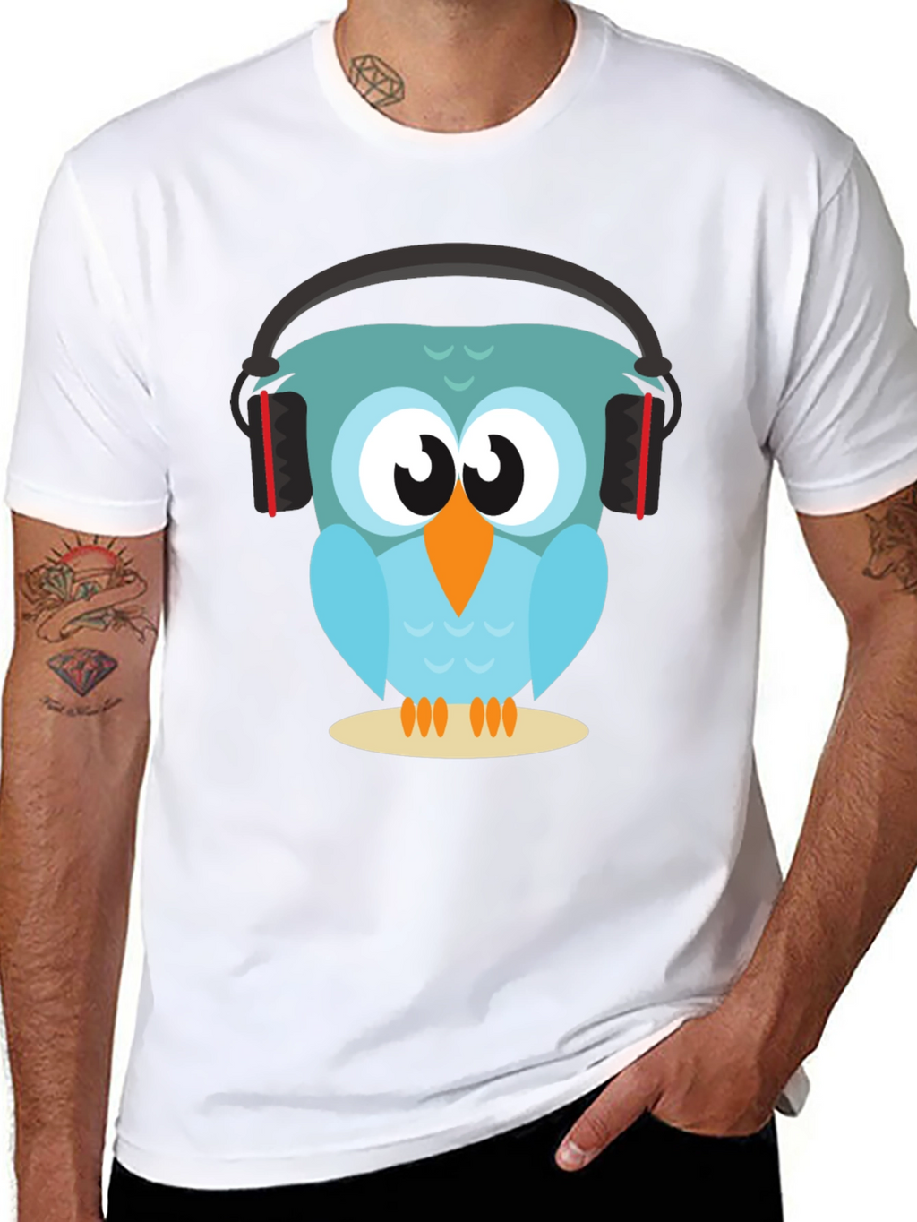 Owl With Headphones Graphic Tee - Black