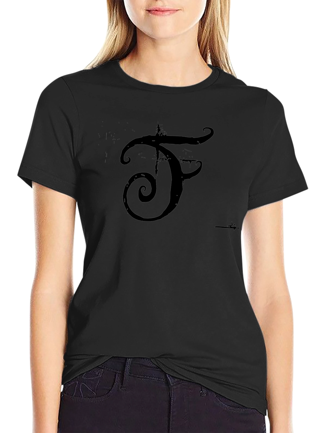 Black T-Shirt with Distressed F Logo