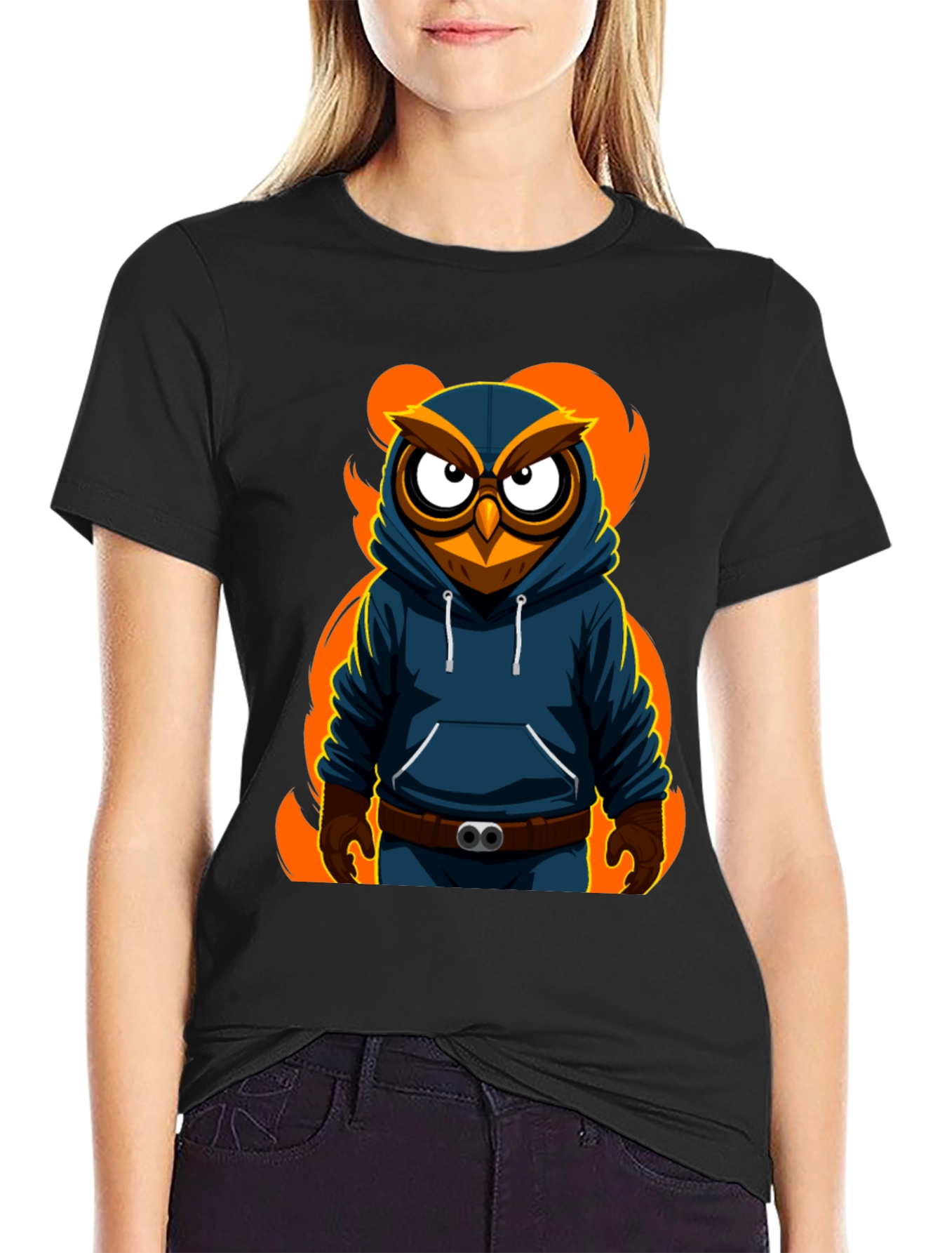 Cool Owl Graphic Print Black T-Shirt