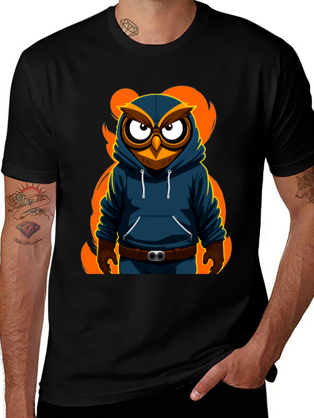 Cool Owl Graphic Print Black T-Shirt