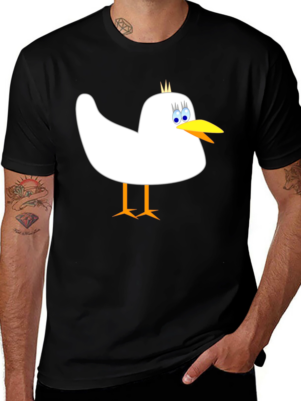 Whimsical Bird Graphic Tee - Mens Black Cotton Shirt