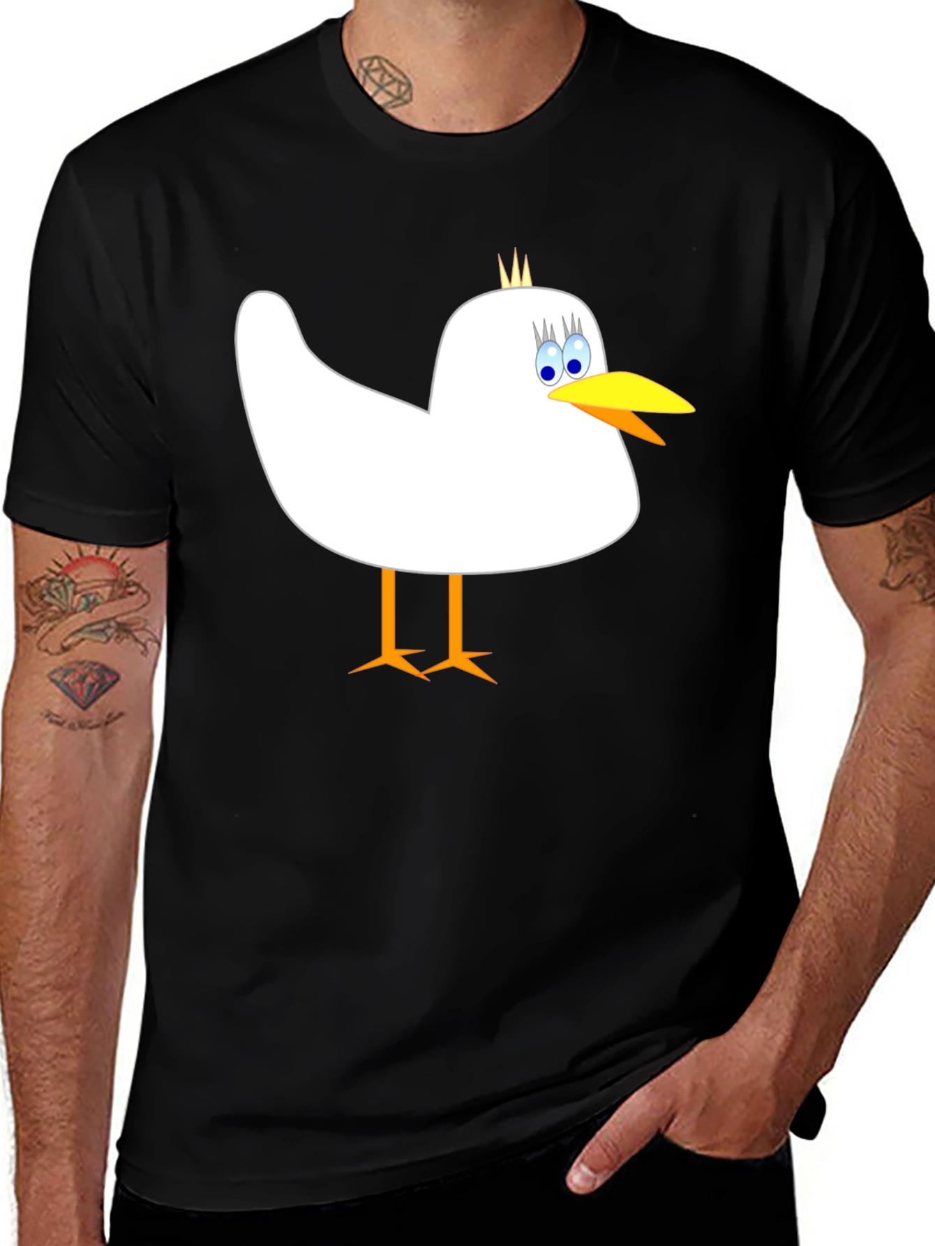 Whimsical Bird Graphic Tee - Mens Black Cotton Shirt
