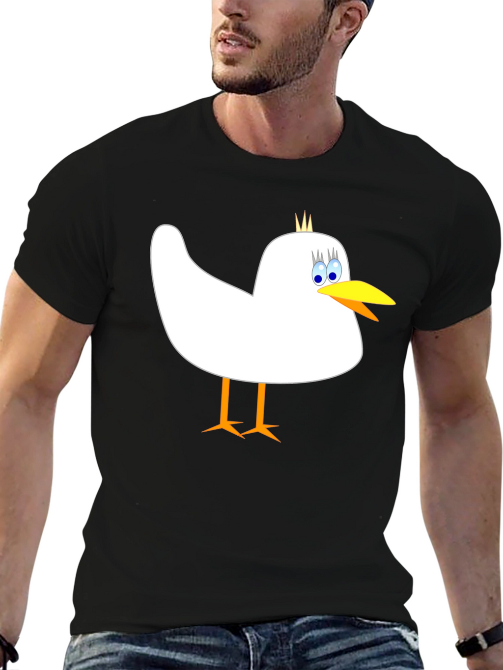 Whimsical Bird Graphic Tee - Mens Black Cotton Shirt
