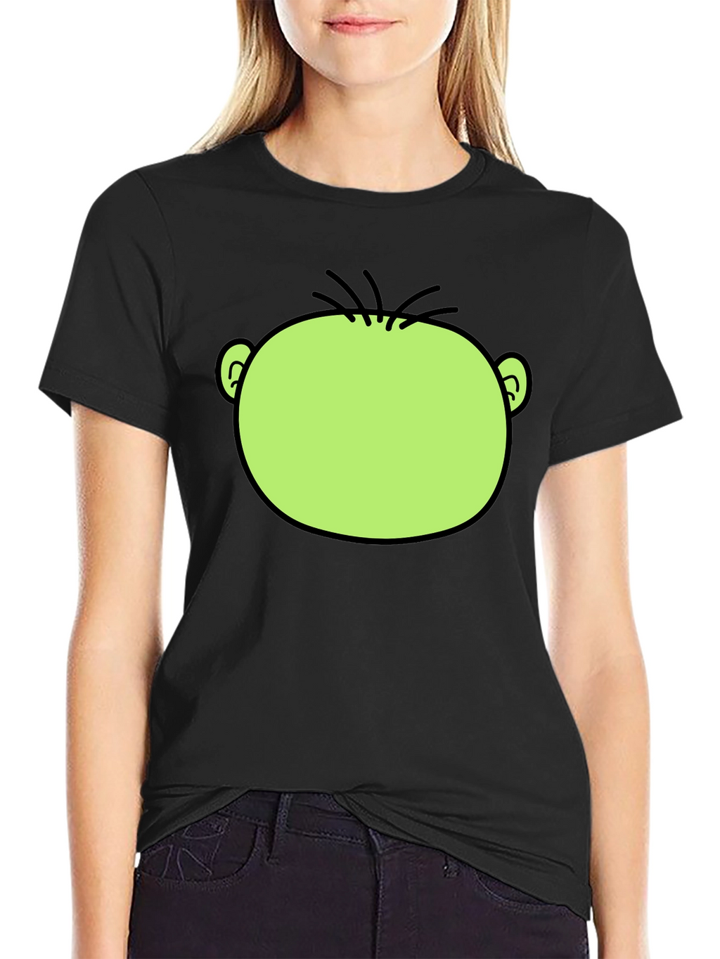 Funny Green Cartoon Face Graphic Black T-Shirt
