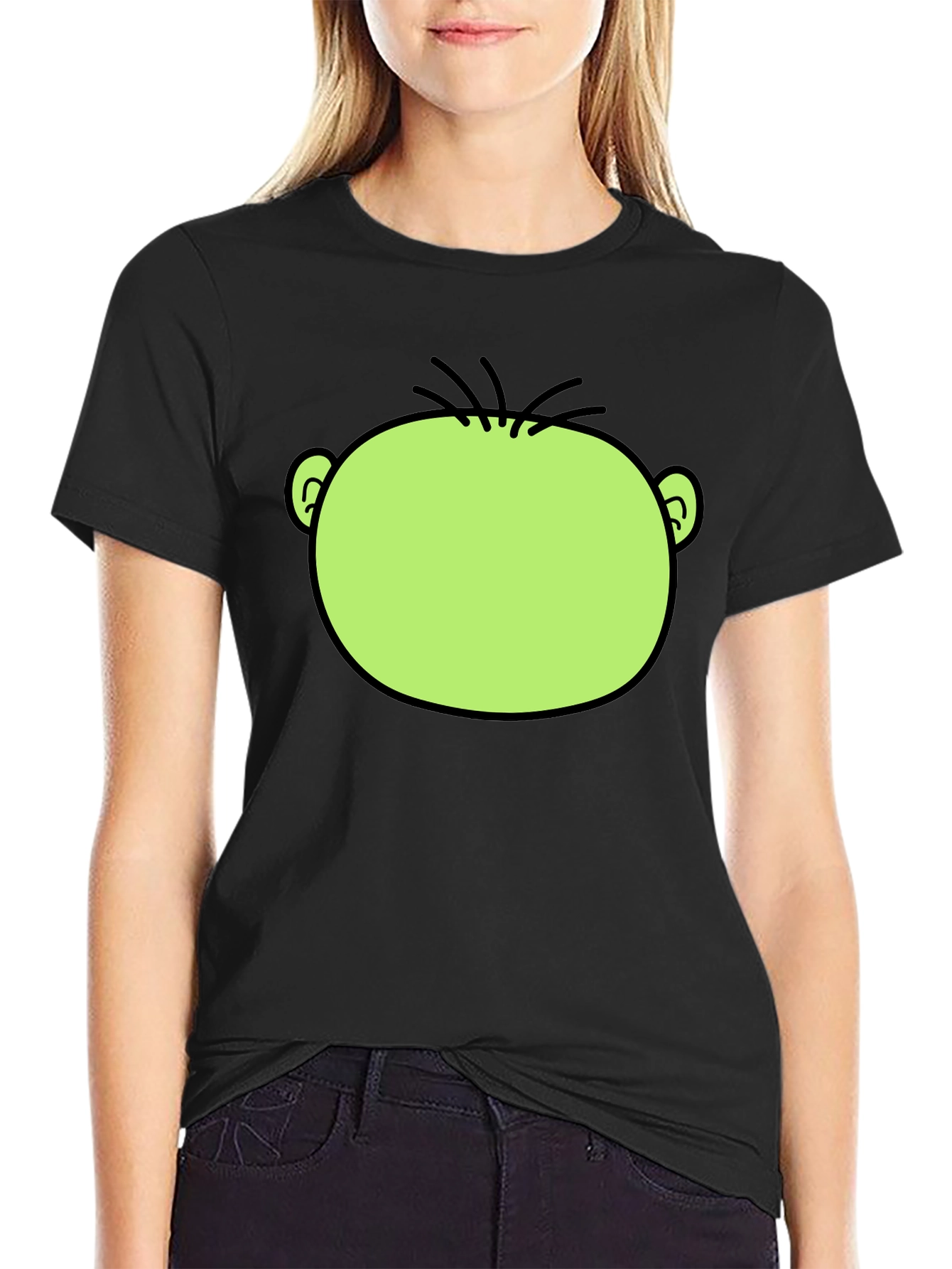 Funny Green Cartoon Face Graphic Black T-Shirt