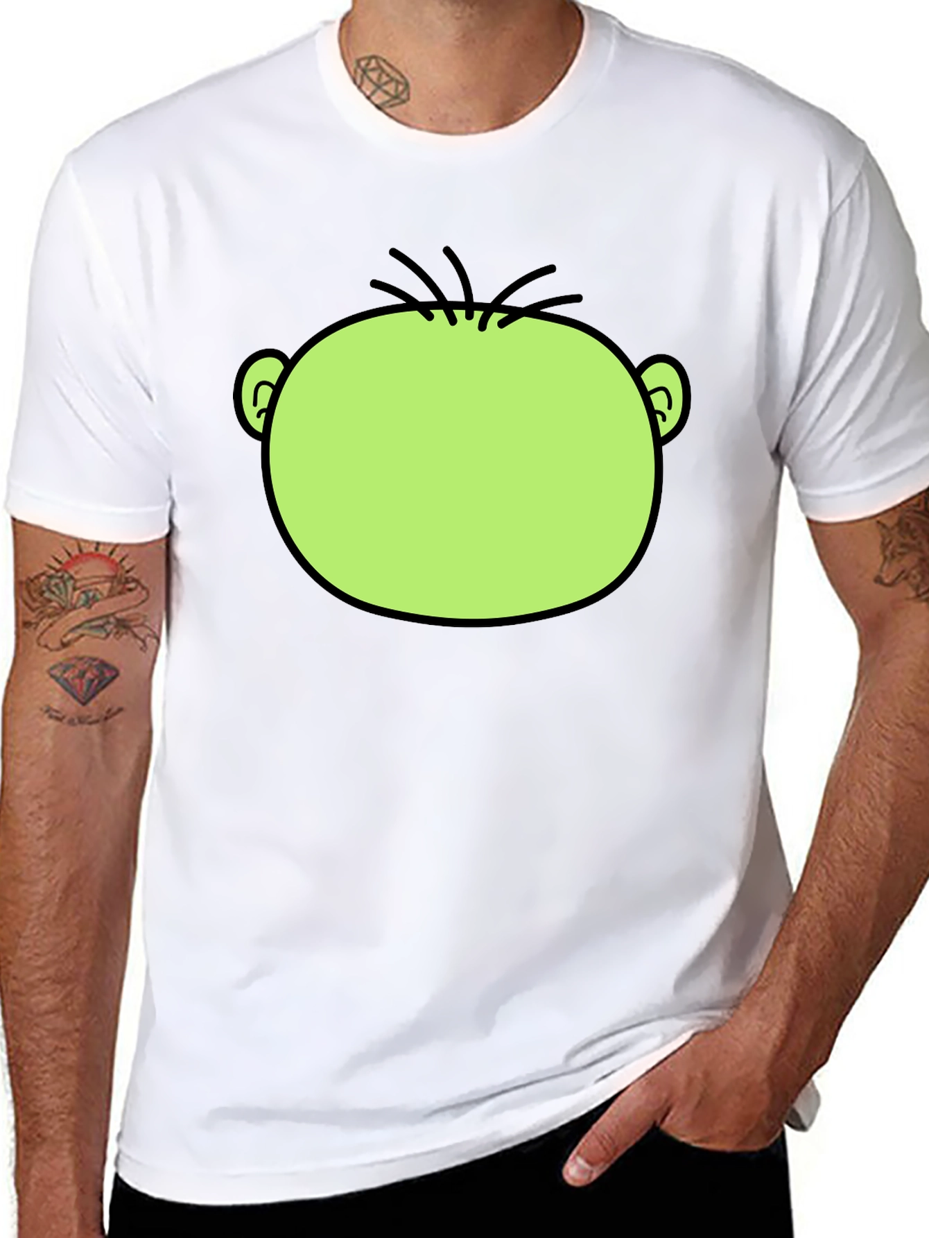 Funny Green Cartoon Face Graphic Black T-Shirt