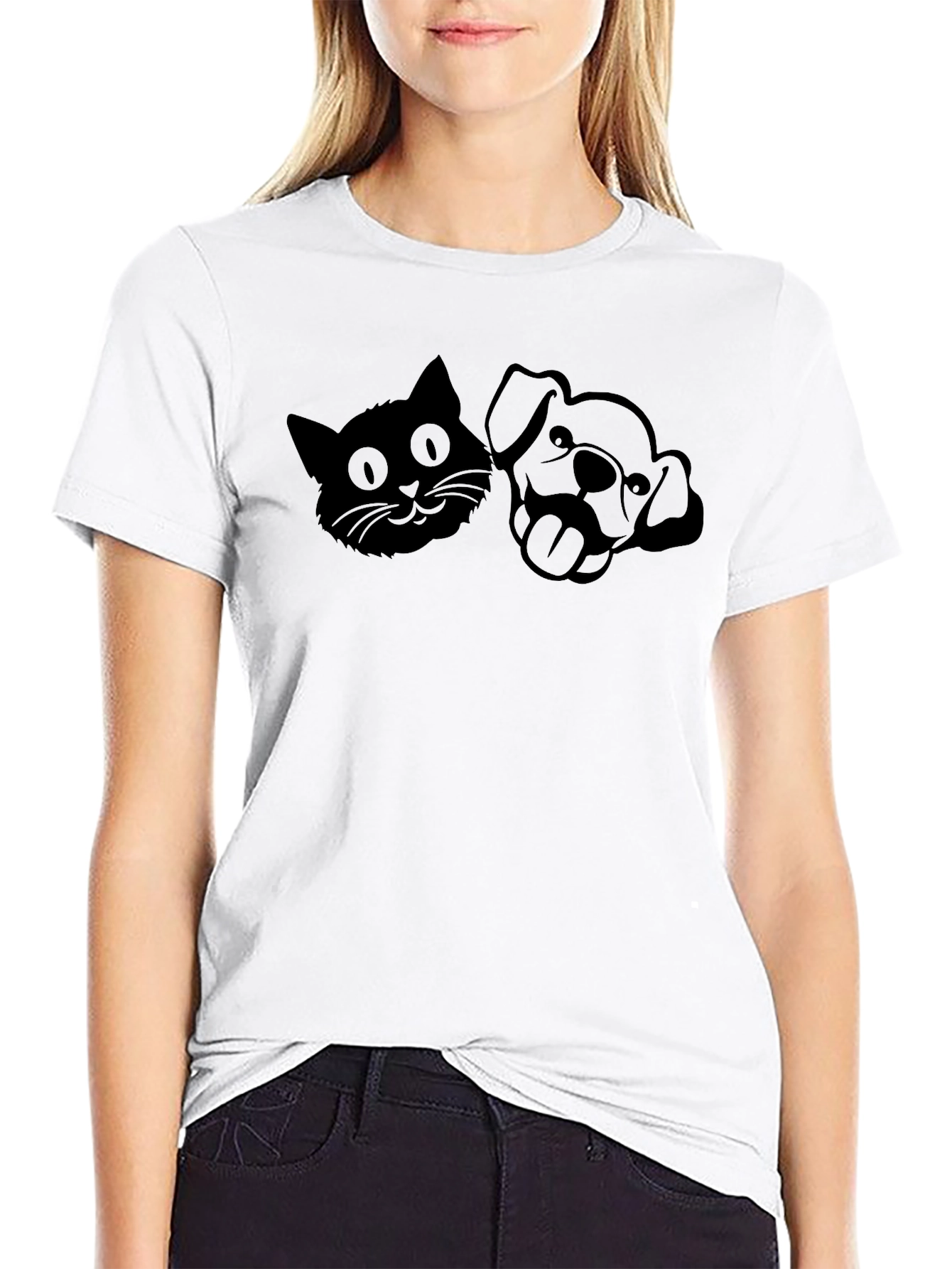 Cat and Dog Silhouette Black T-Shirt