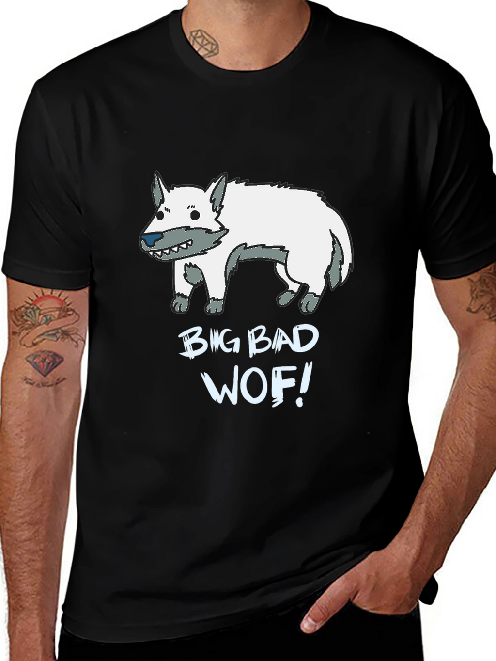 Big Bad Wof! Cartoon Wolf Graphic Black T-Shirt