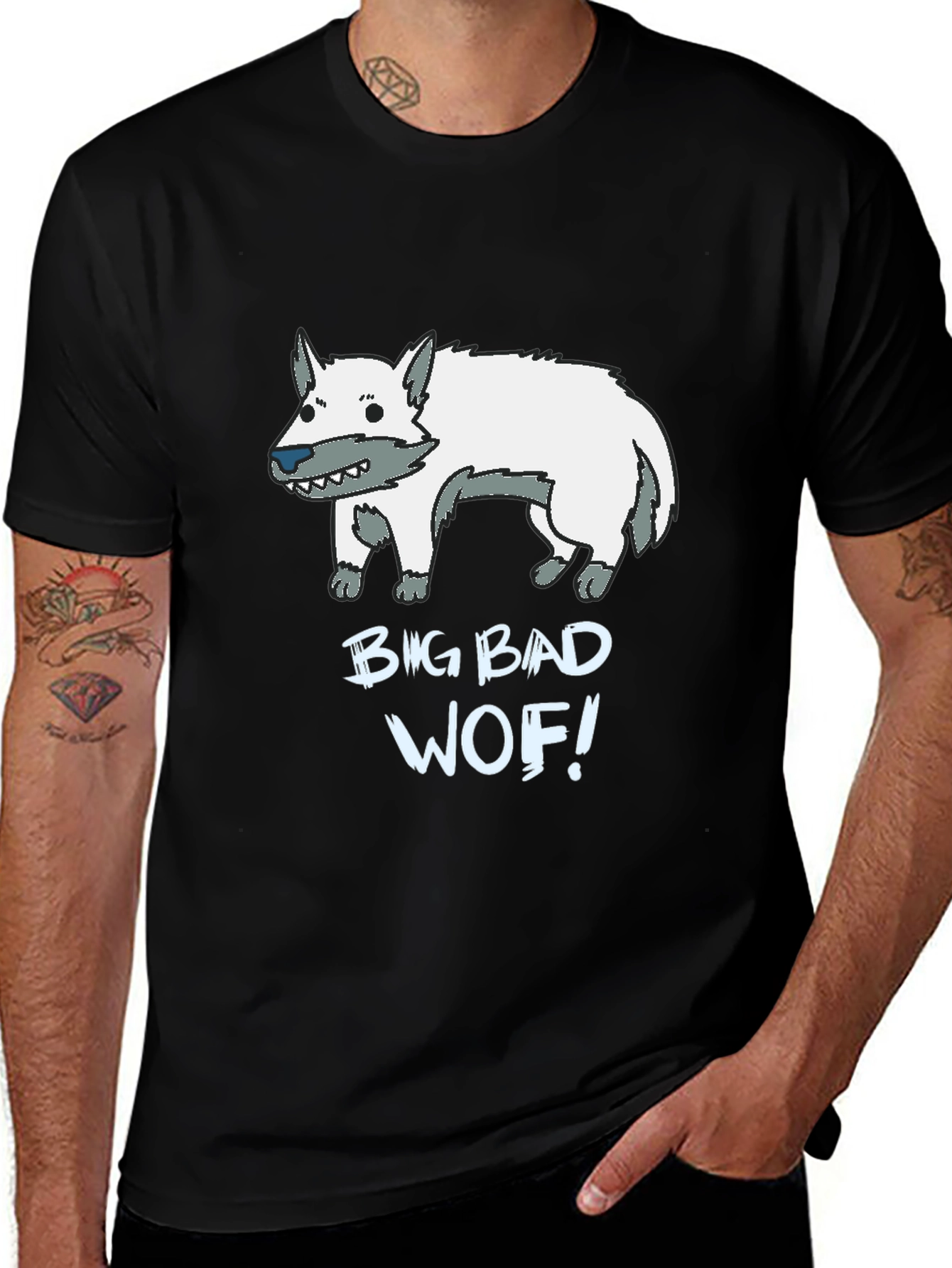 Big Bad Wof! Cartoon Wolf Graphic Black T-Shirt