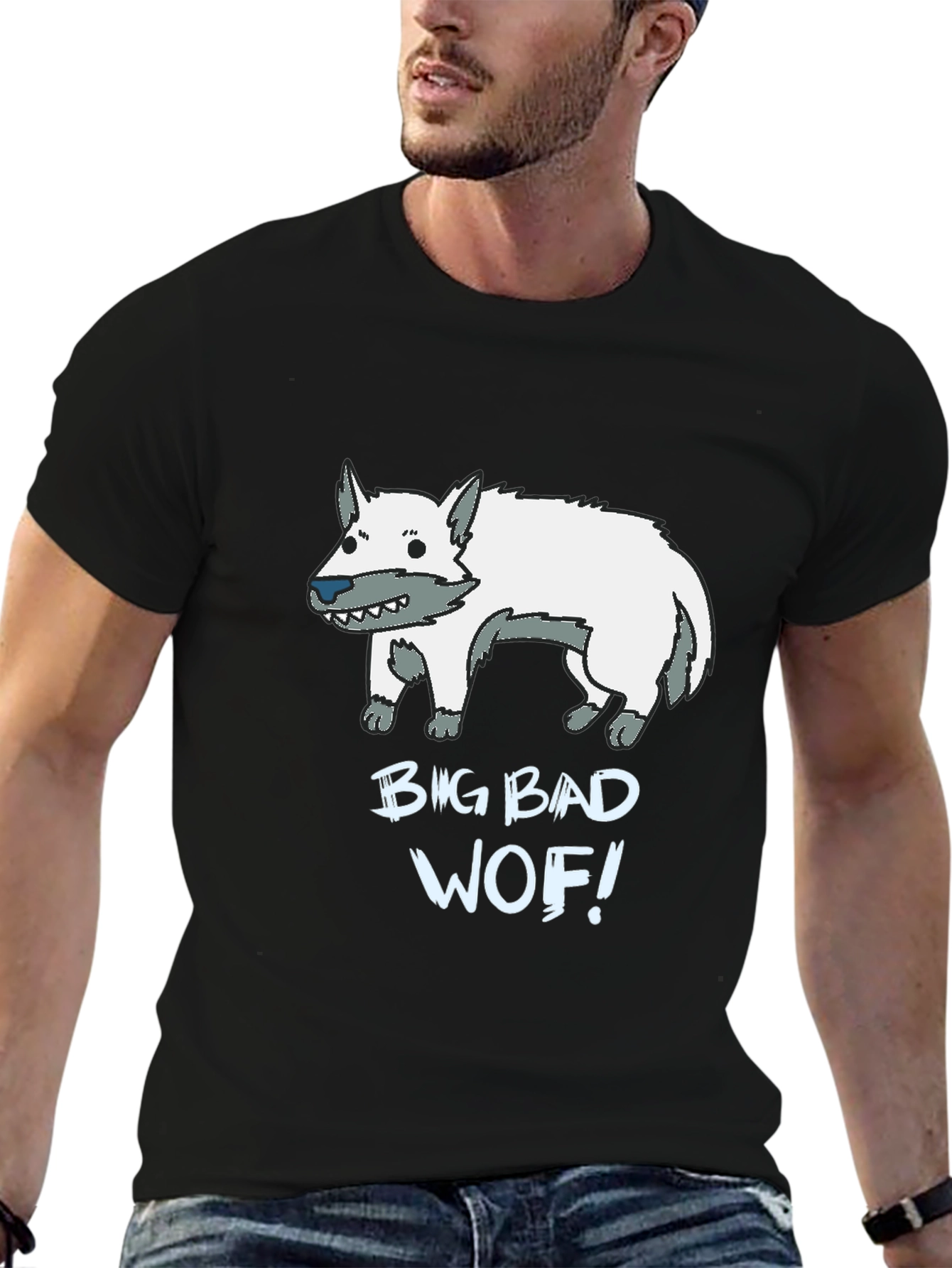 Big Bad Wof! Cartoon Wolf Graphic Black T-Shirt