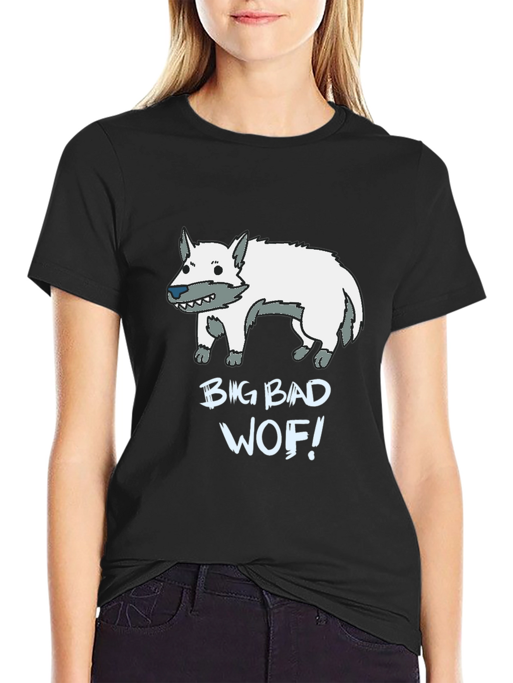 Big Bad Wof! Cartoon Wolf Graphic Black T-Shirt
