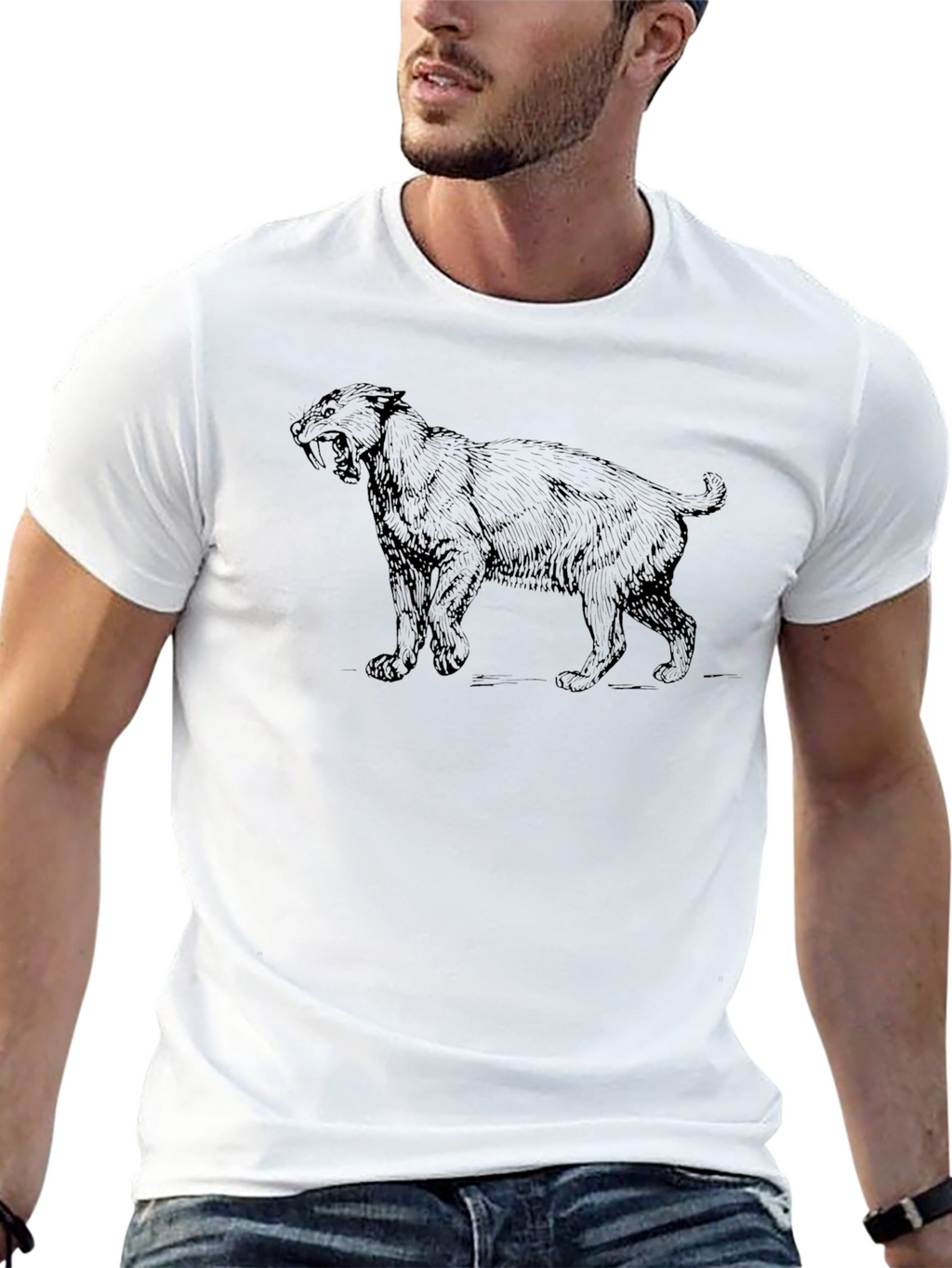Black T-Shirt with Saber-Toothed Tiger Graphic
