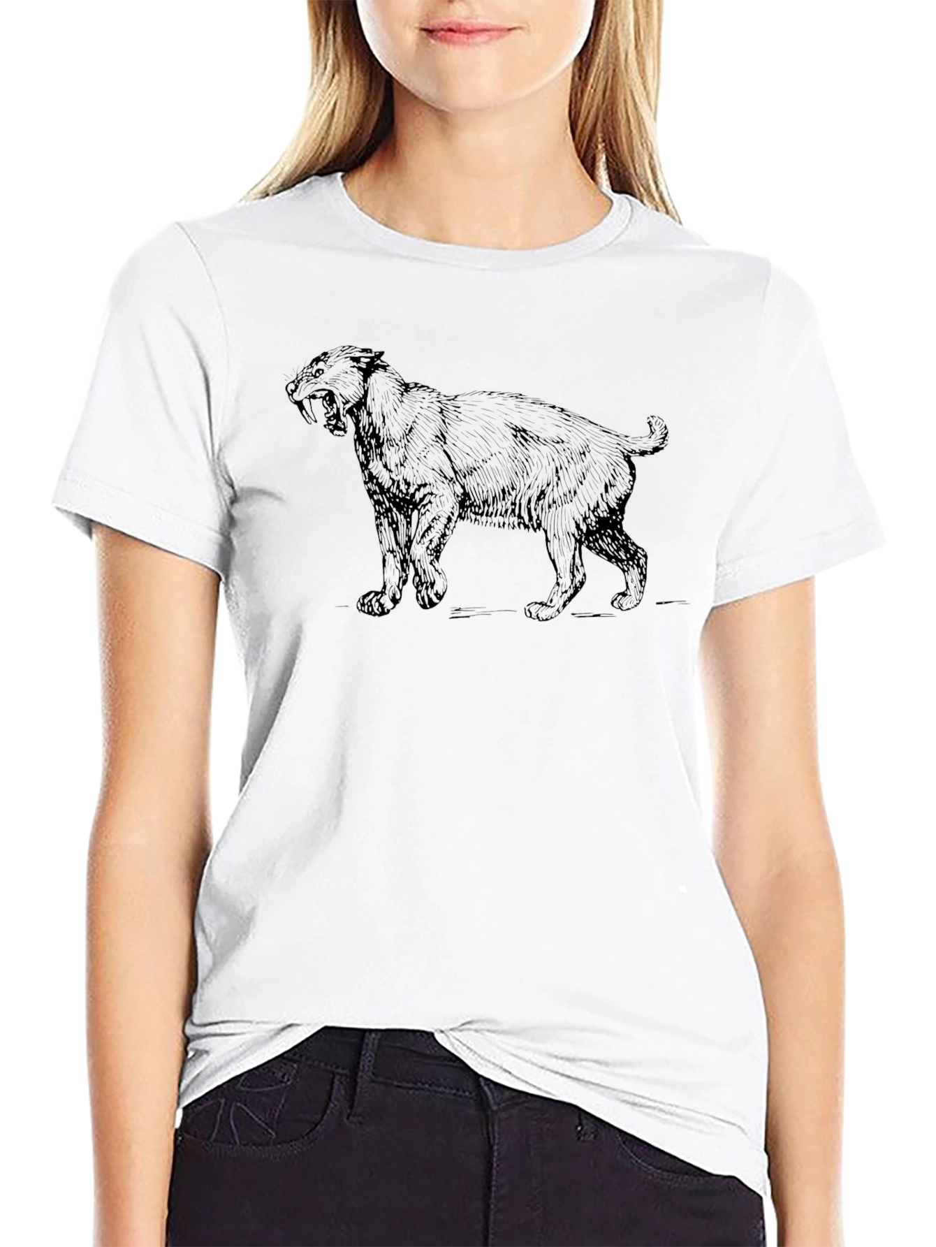 Black T-Shirt with Saber-Toothed Tiger Graphic