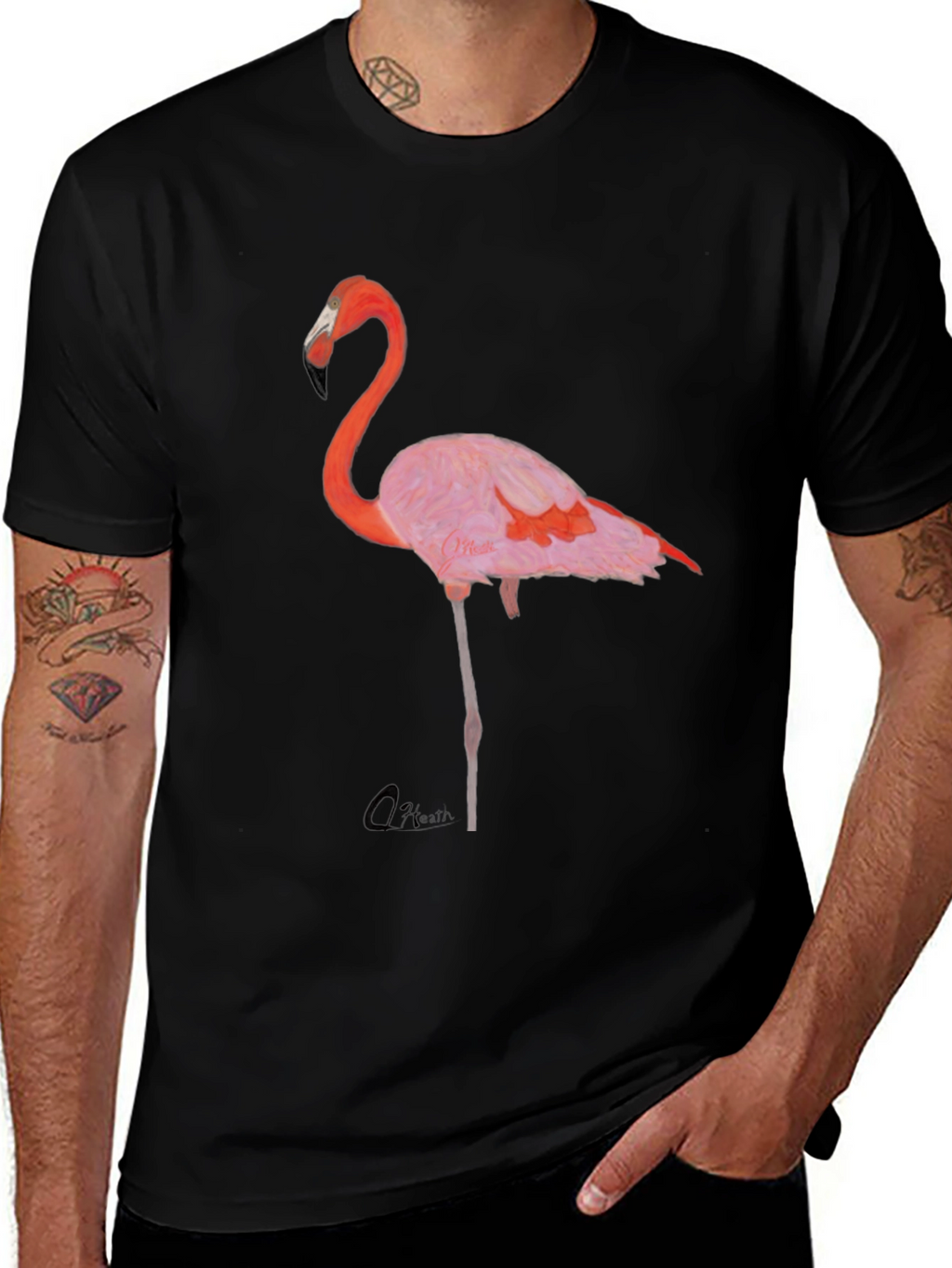 Flamingo Graphic Print T-Shirt - Casual Black Tee