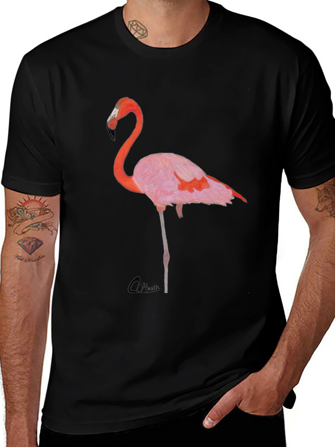 Flamingo Graphic Print T-Shirt - Casual Black Tee