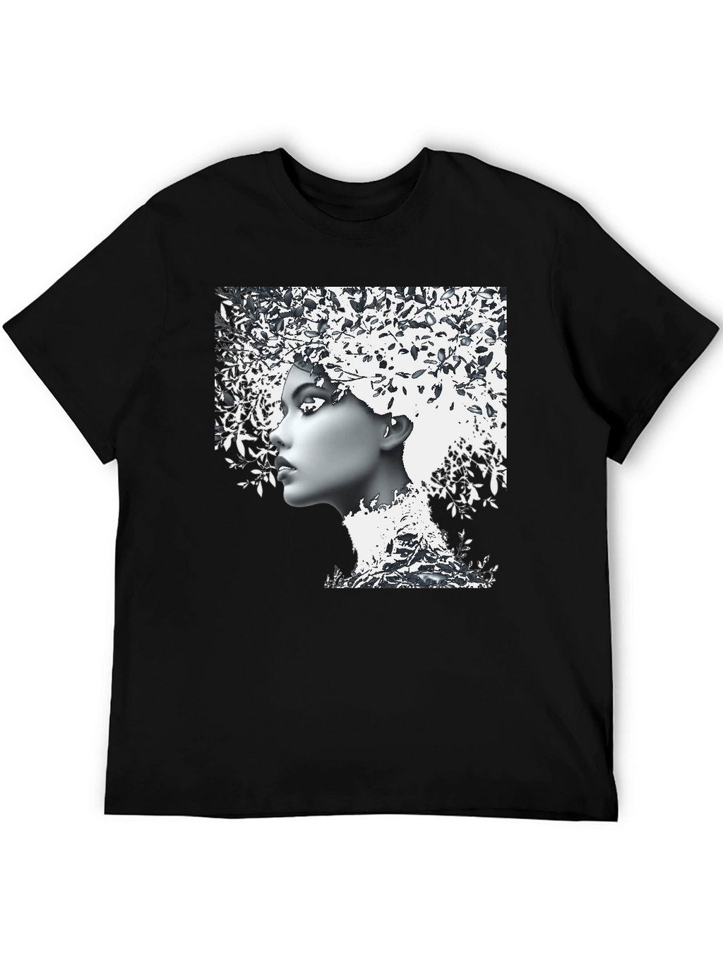 Woman with Leaf Hair Black T-Shirt