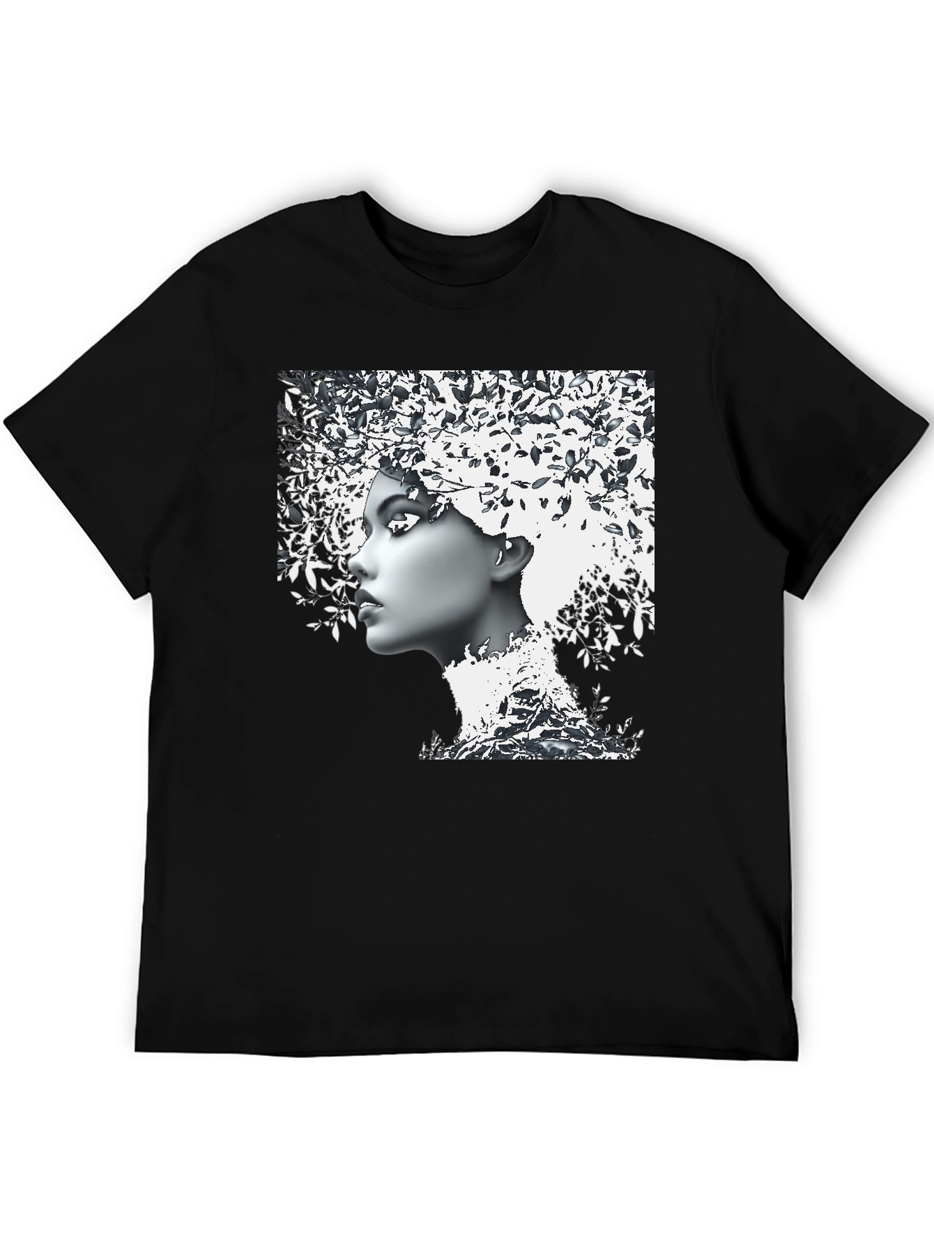 Woman with Leaf Hair Black T-Shirt