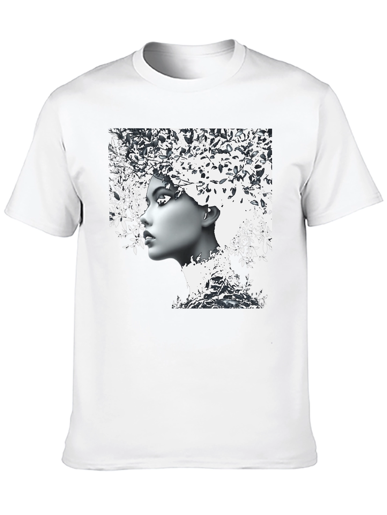 Woman with Leaf Hair Black T-Shirt
