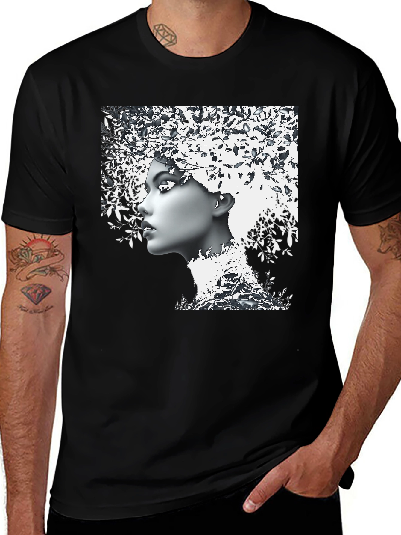Woman with Leaf Hair Black T-Shirt