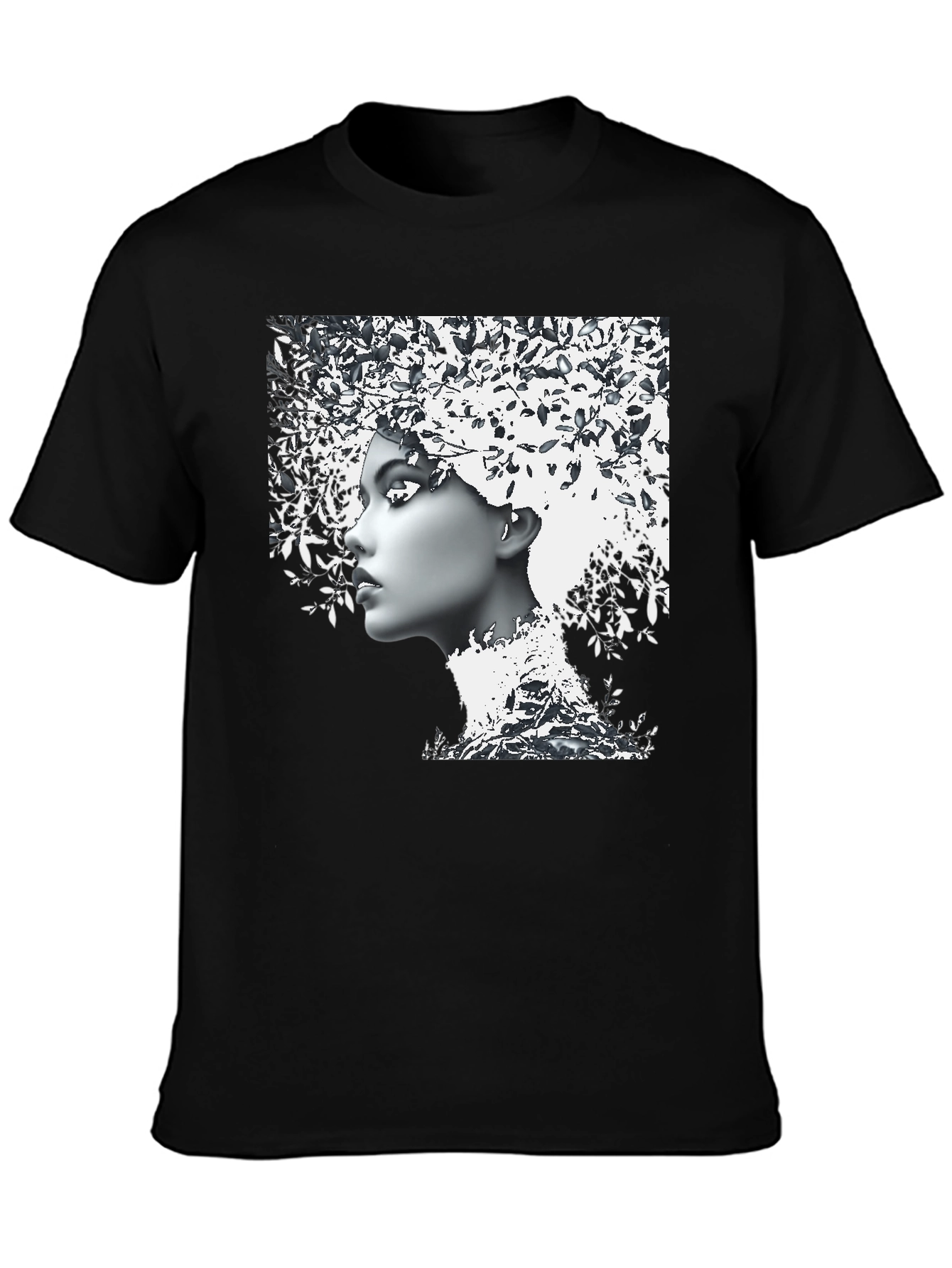 Woman with Leaf Hair Black T-Shirt