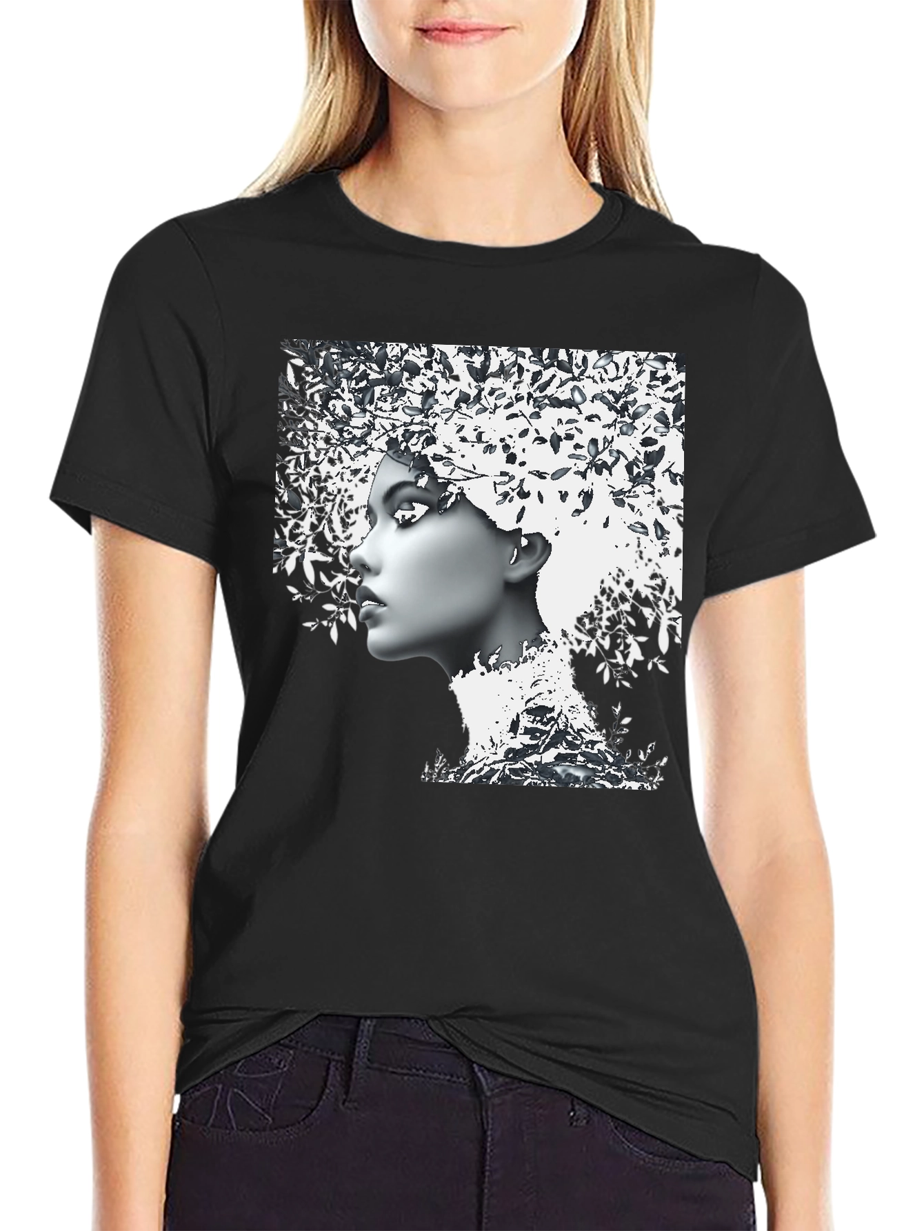 Woman with Leaf Hair Black T-Shirt
