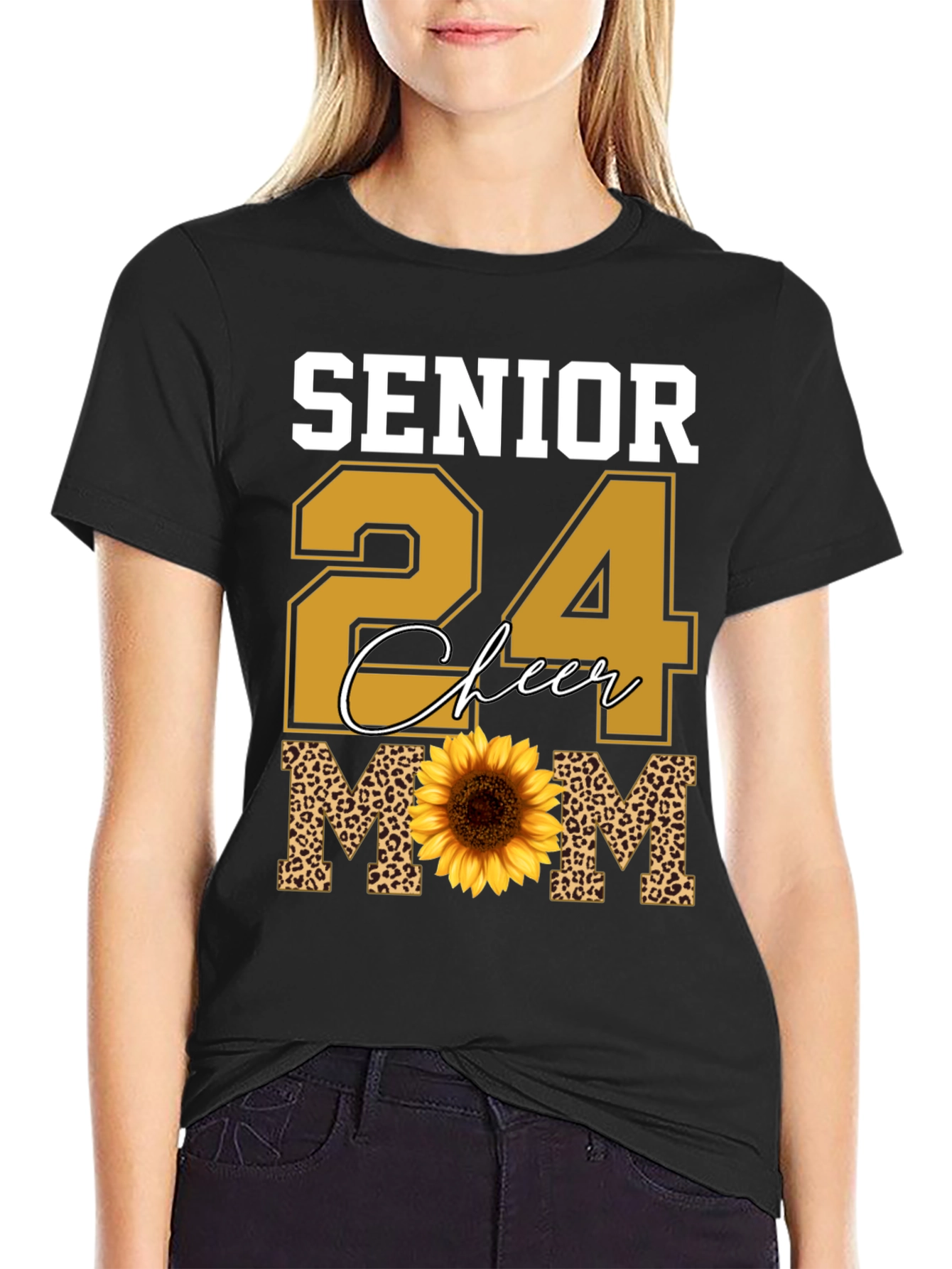 Senior 24 Cheer Mom T-Shirt Sunflower Leopard
