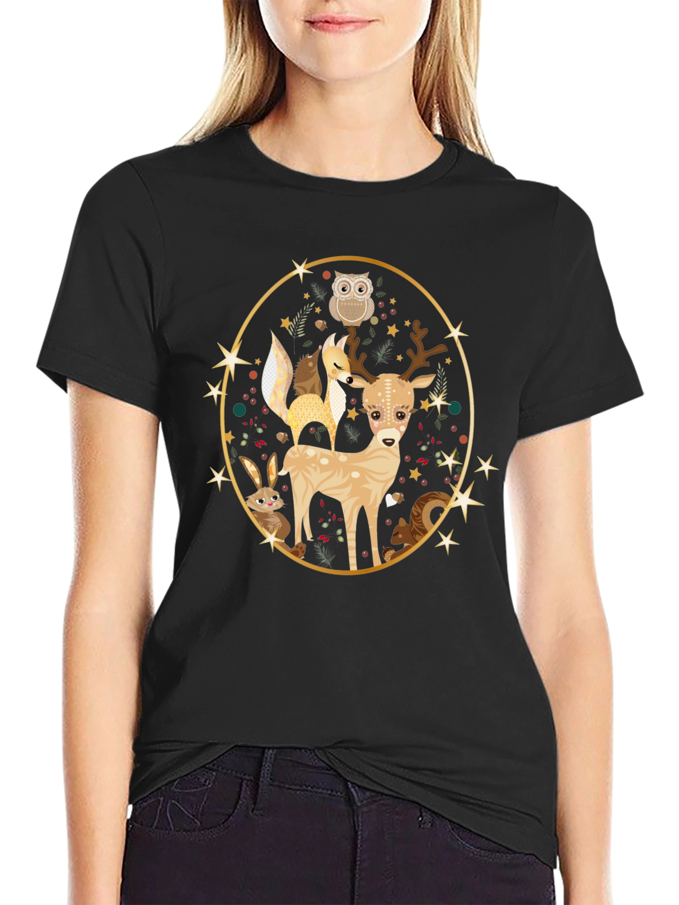 Woodland Creatures Black T-Shirt