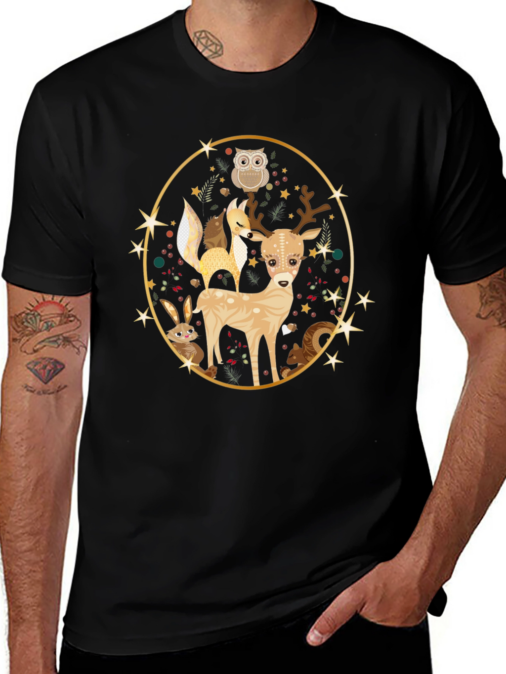 Woodland Creatures Black T-Shirt
