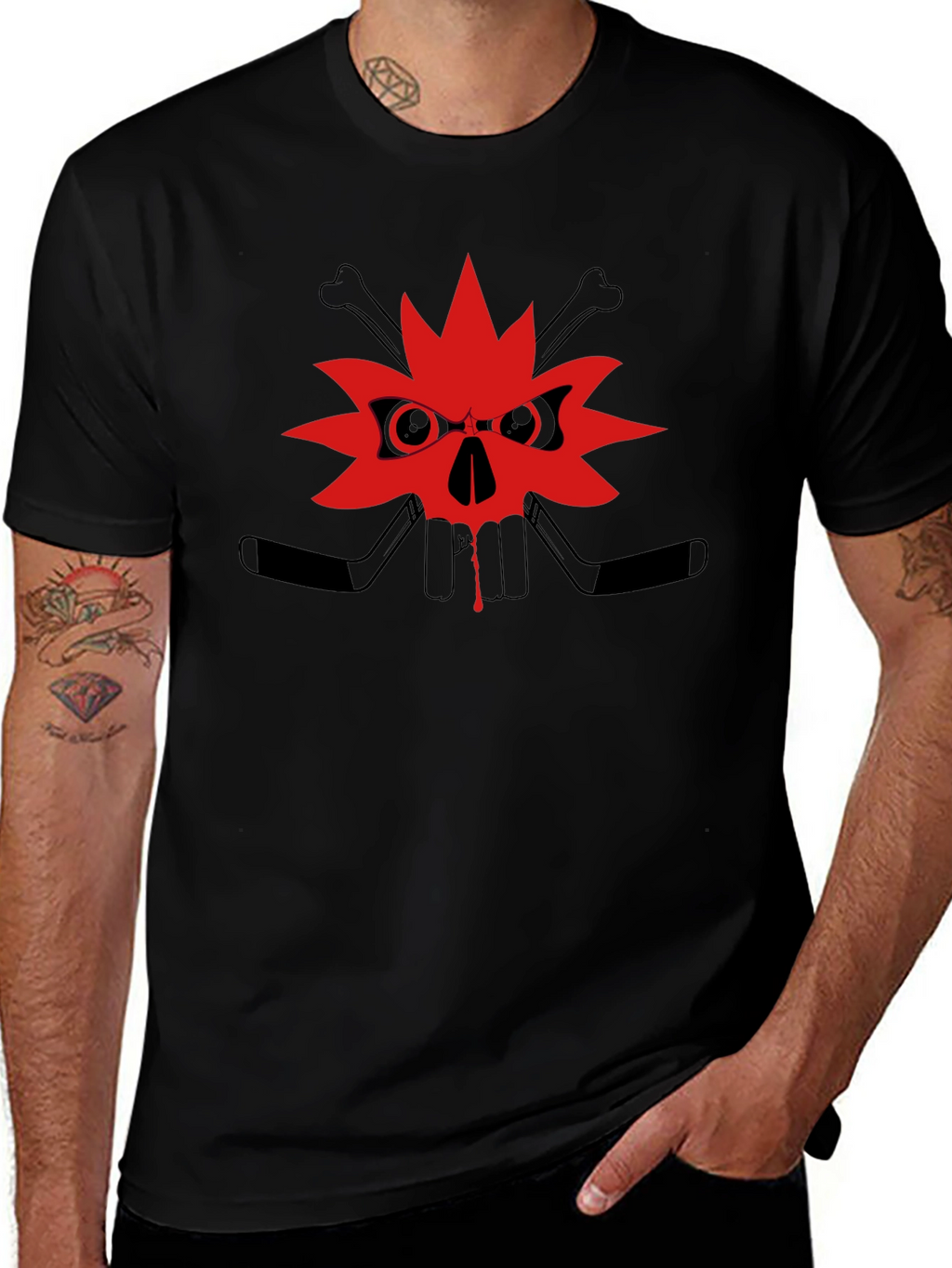 Edgy Skull Maple Leaf Graphic Tee - Black