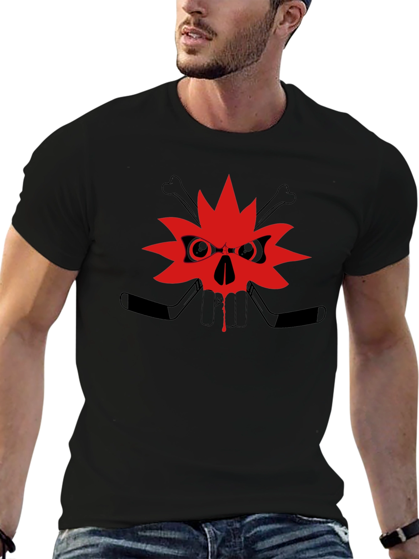 Edgy Skull Maple Leaf Graphic Tee - Black