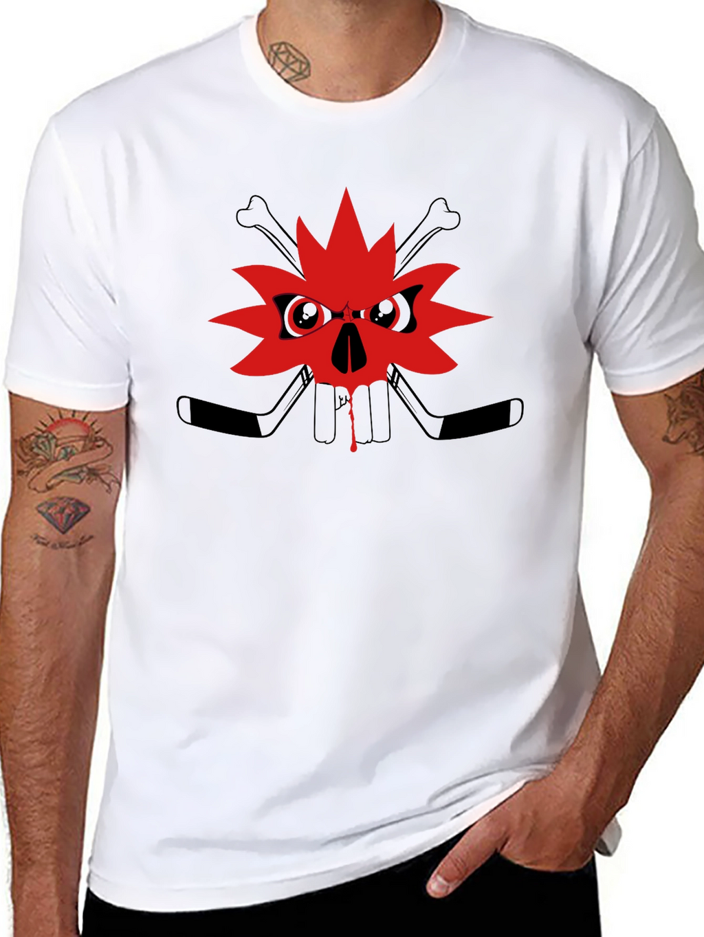 Edgy Skull Maple Leaf Graphic Tee - Black