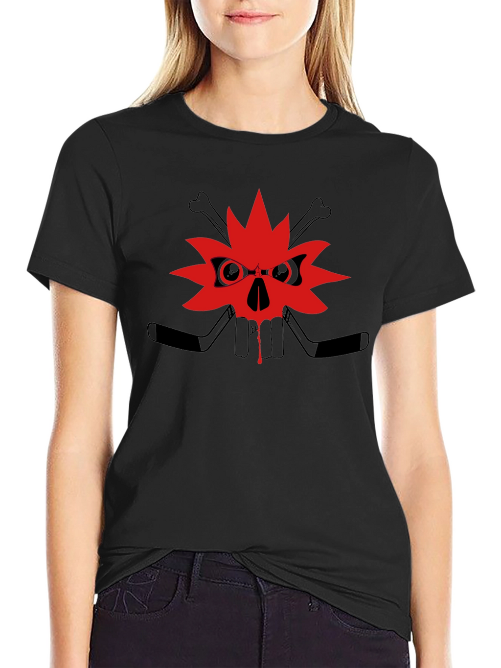 Edgy Skull Maple Leaf Graphic Tee - Black