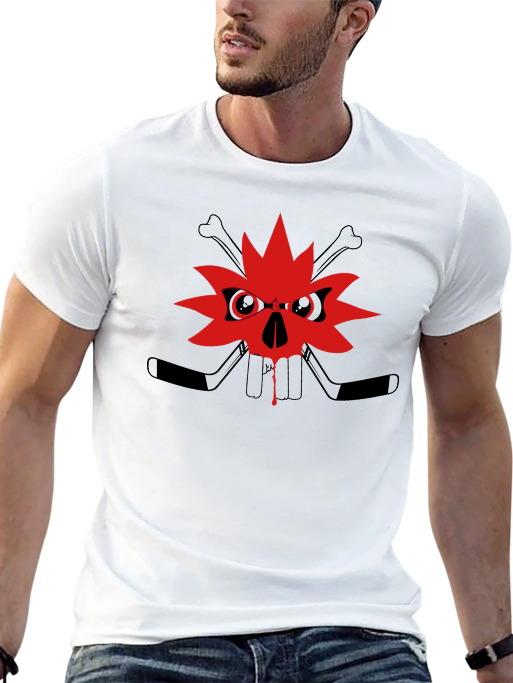 Edgy Skull Maple Leaf Graphic Tee - Black