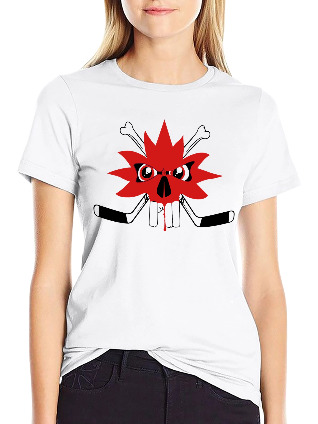 Edgy Skull Maple Leaf Graphic Tee - Black