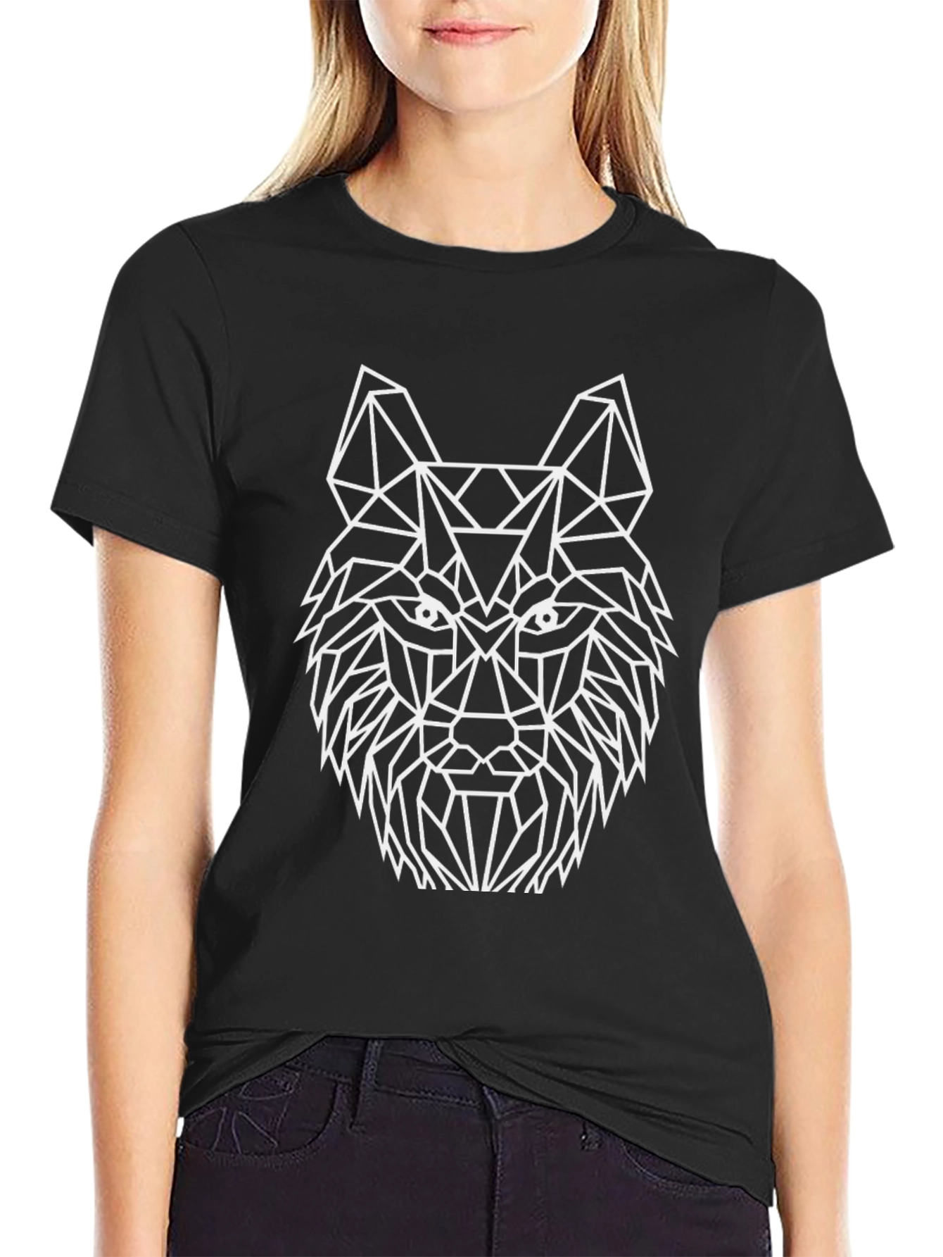 Geometric Wolf Graphic Tee - Black