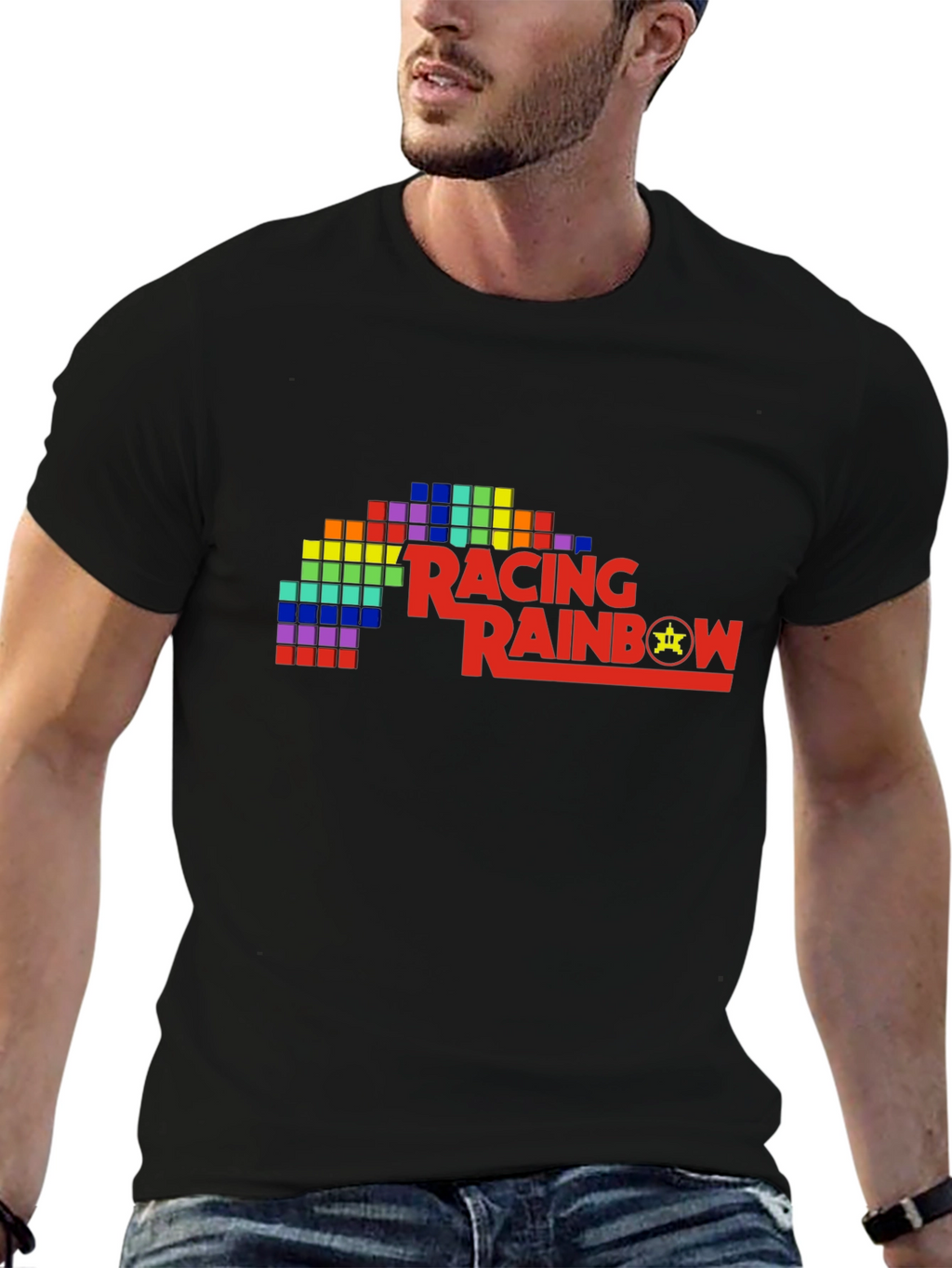 Retro Racing Rainbow Black T-Shirt