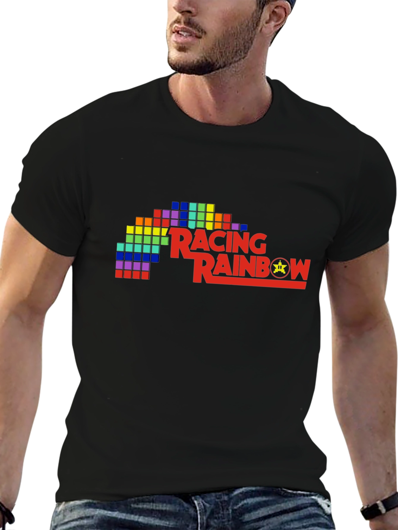 Retro Racing Rainbow Black T-Shirt
