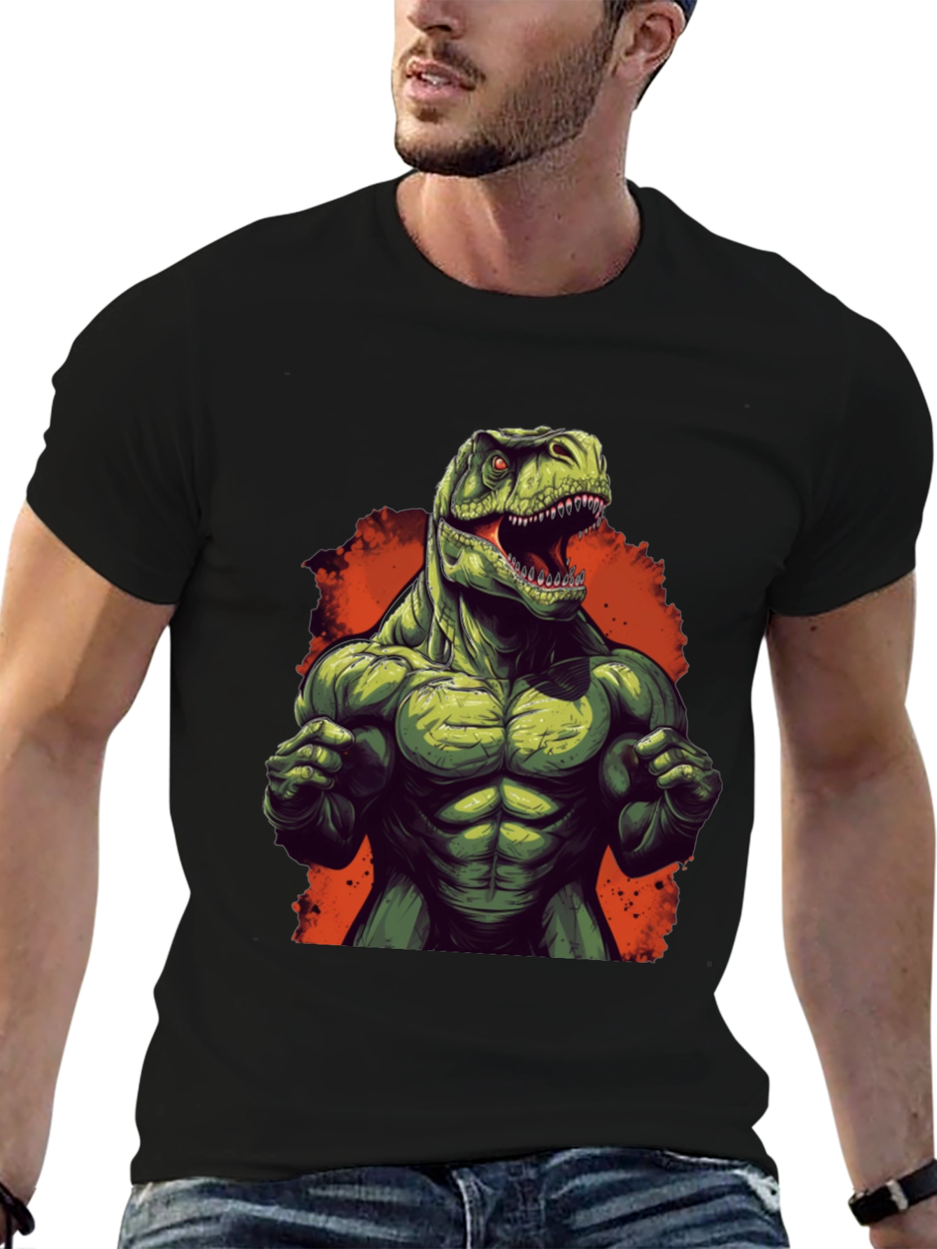 Muscle Dino Graphic Tee - Black Cotton T-Shirt