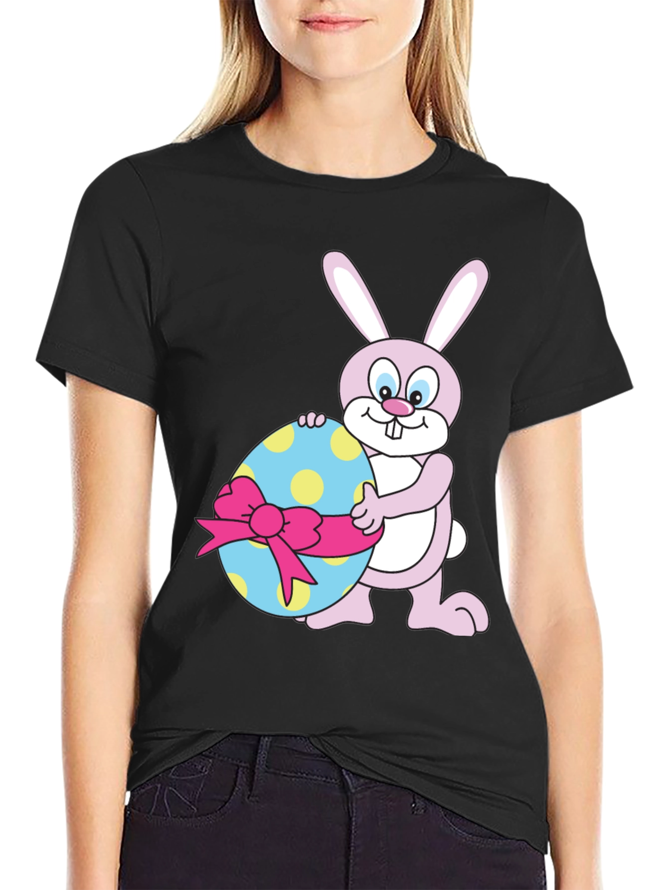 Easter Bunny Holding Decorated Egg Black T-Shirt