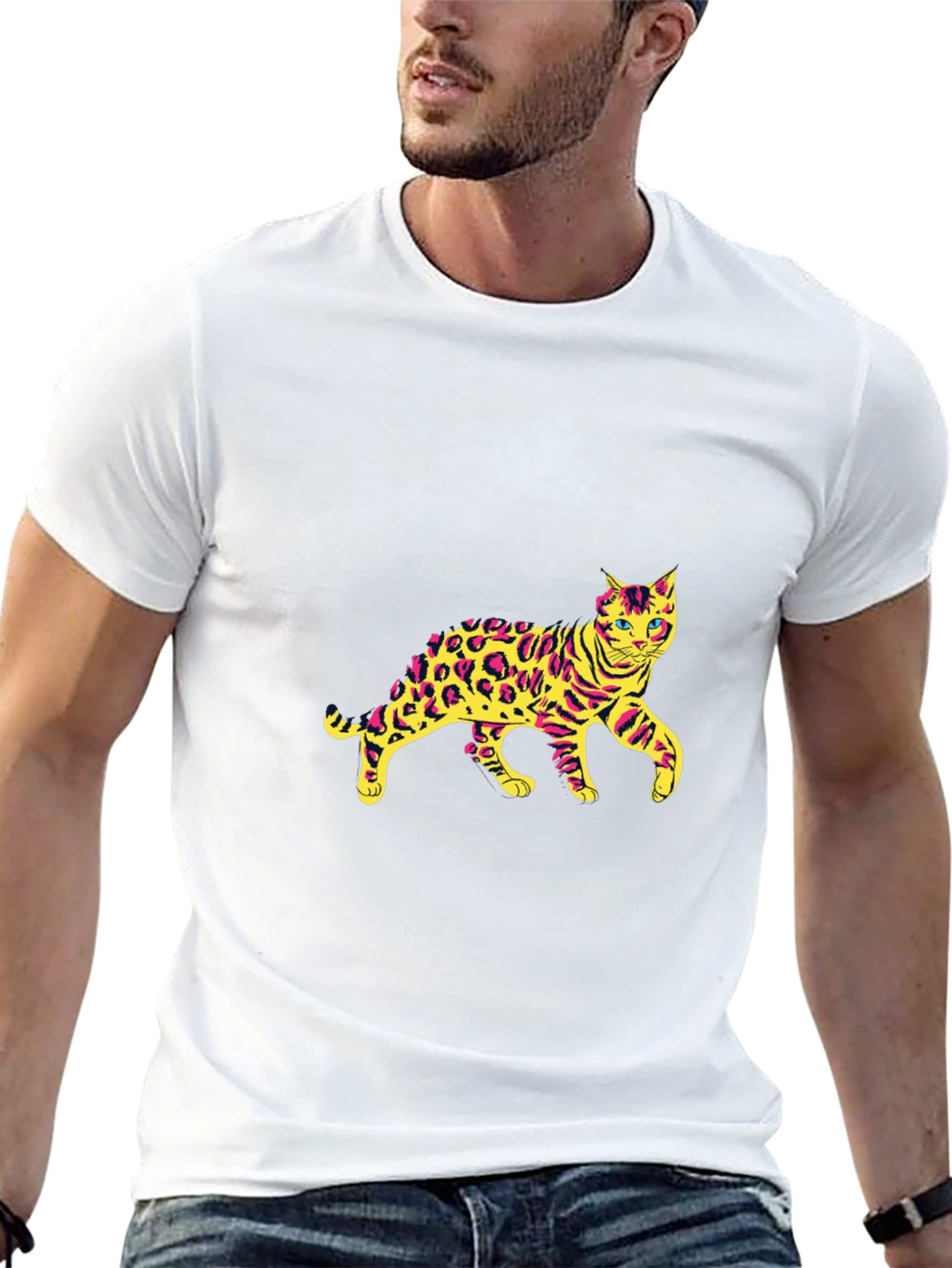 Mens Black T-Shirt with Leopard Cat Graphic