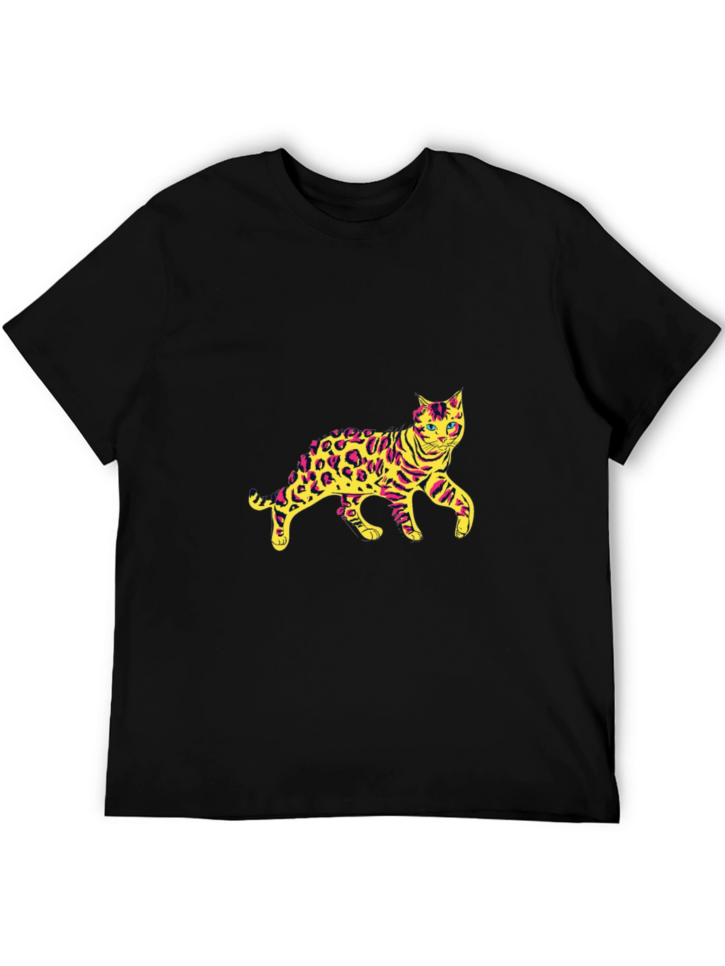 Mens Black T-Shirt with Leopard Cat Graphic
