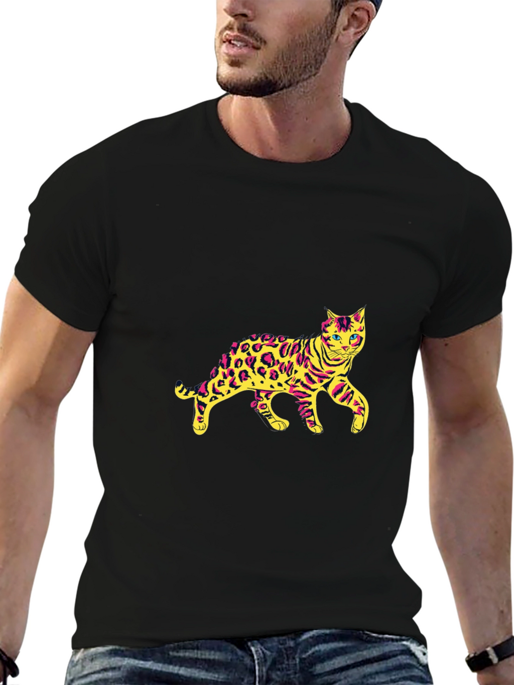 Mens Black T-Shirt with Leopard Cat Graphic