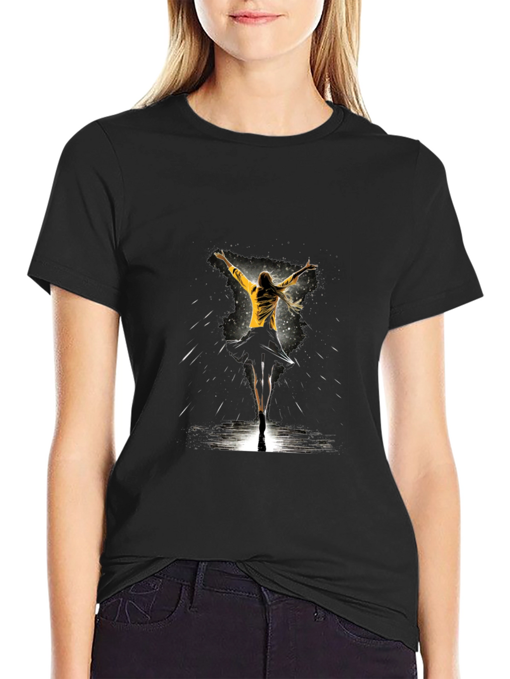Graphic Tee: Woman Dancing in Yellow Jacket - Black