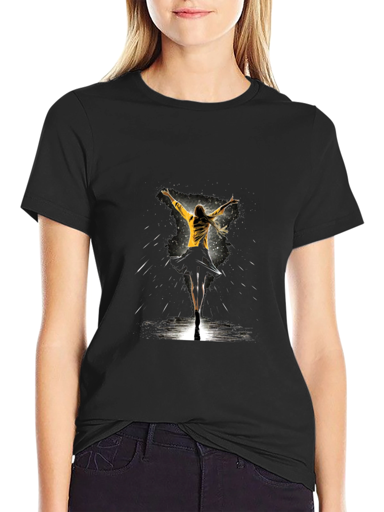Graphic Tee: Woman Dancing in Yellow Jacket - Black