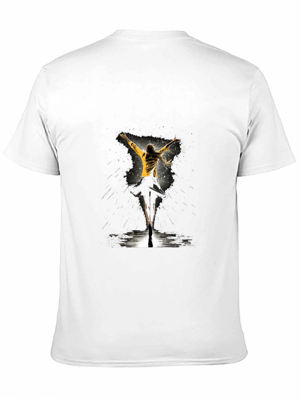 Graphic Tee: Woman Dancing in Yellow Jacket - Black