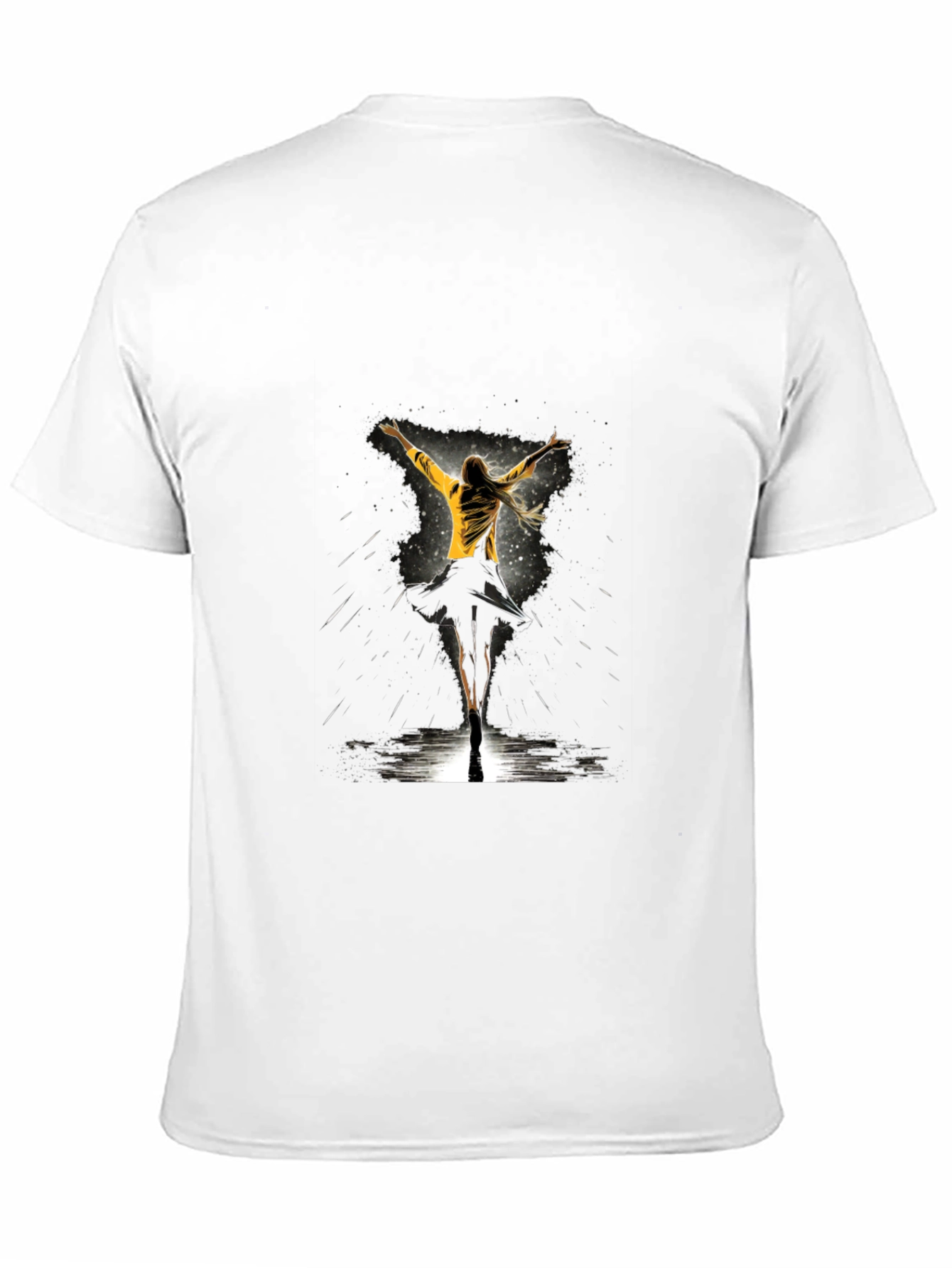 Graphic Tee: Woman Dancing in Yellow Jacket - Black