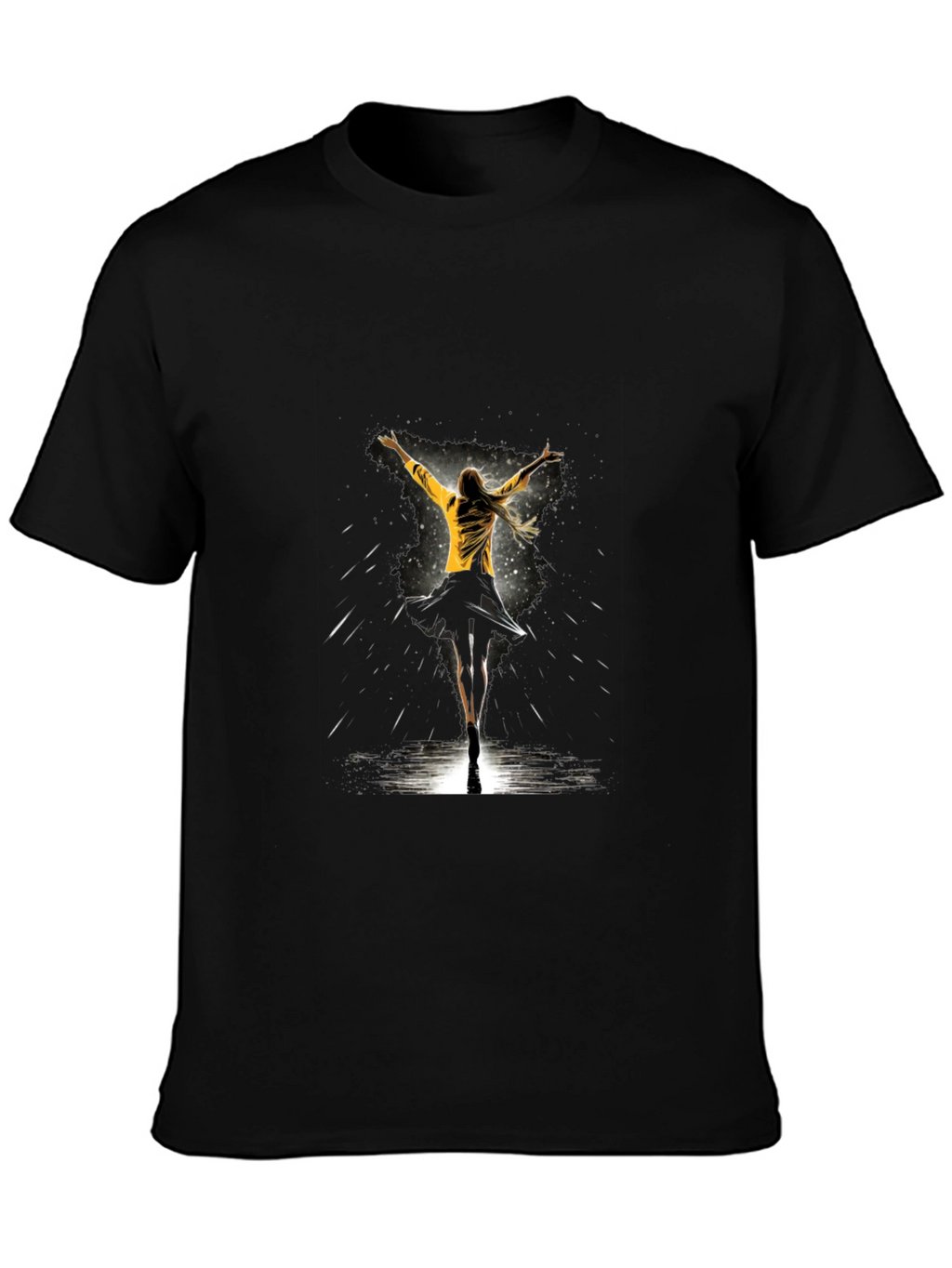 Graphic Tee: Woman Dancing in Yellow Jacket - Black